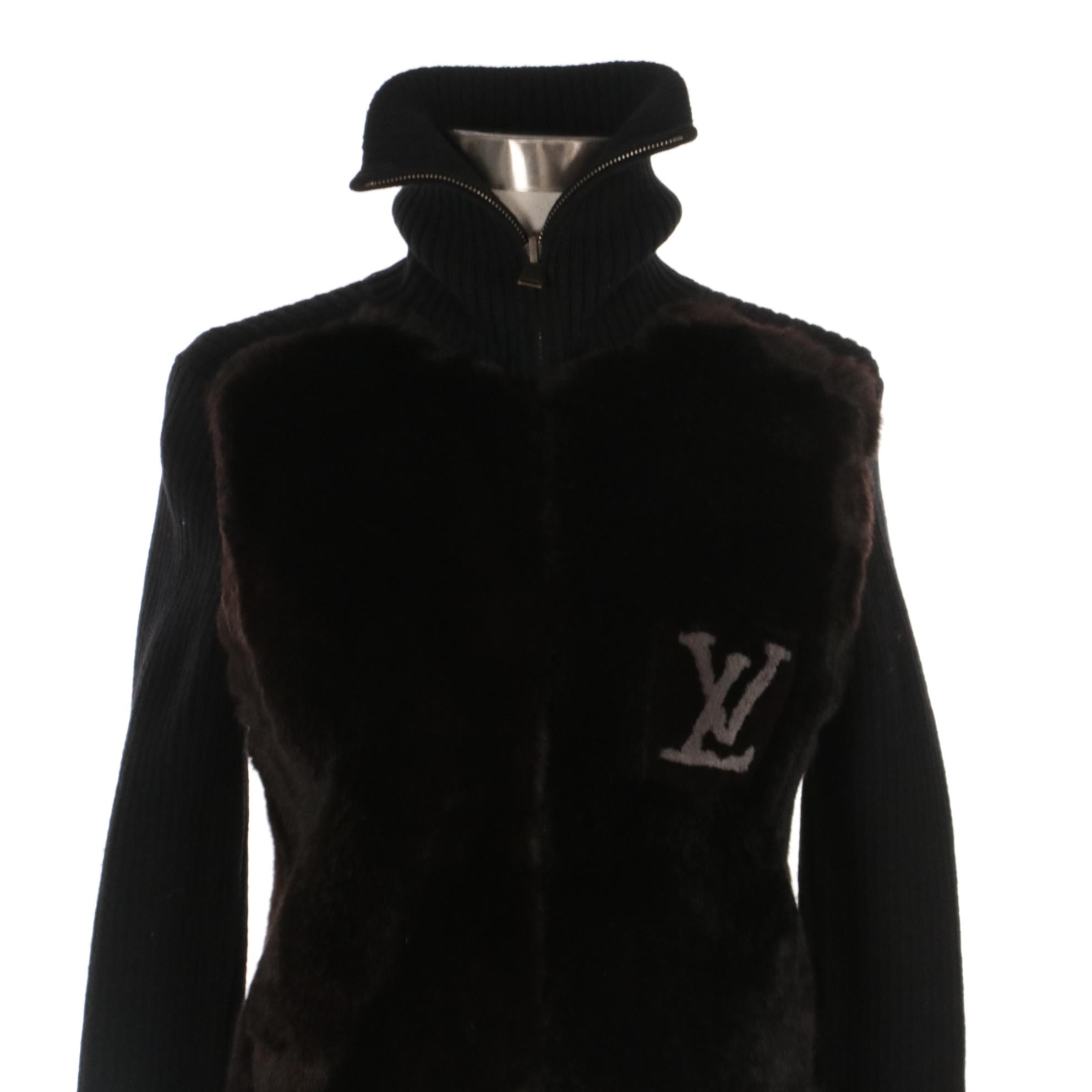 Louis Vuitton Monogram Logo Rabbit Fur and Ribbed Knit Wool Zipper-Front Jacket