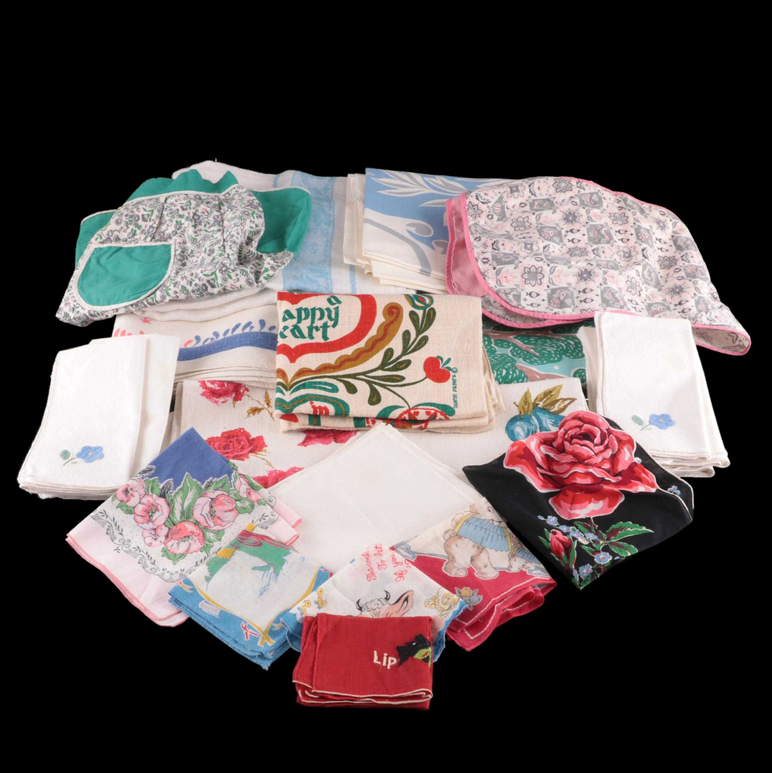 Machine Stitched Cotton Handkerchiefs, Aprons, and Table Linens