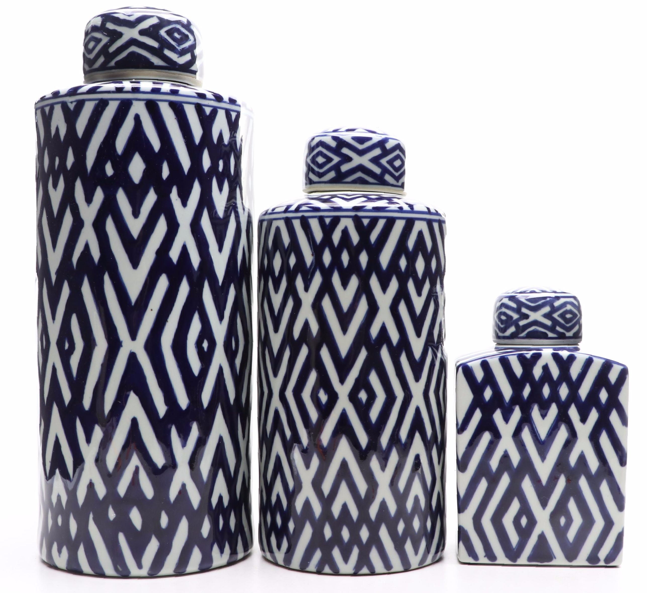 Ceramic Lidded Decorative Urns with Blue and White Geometric Motifs