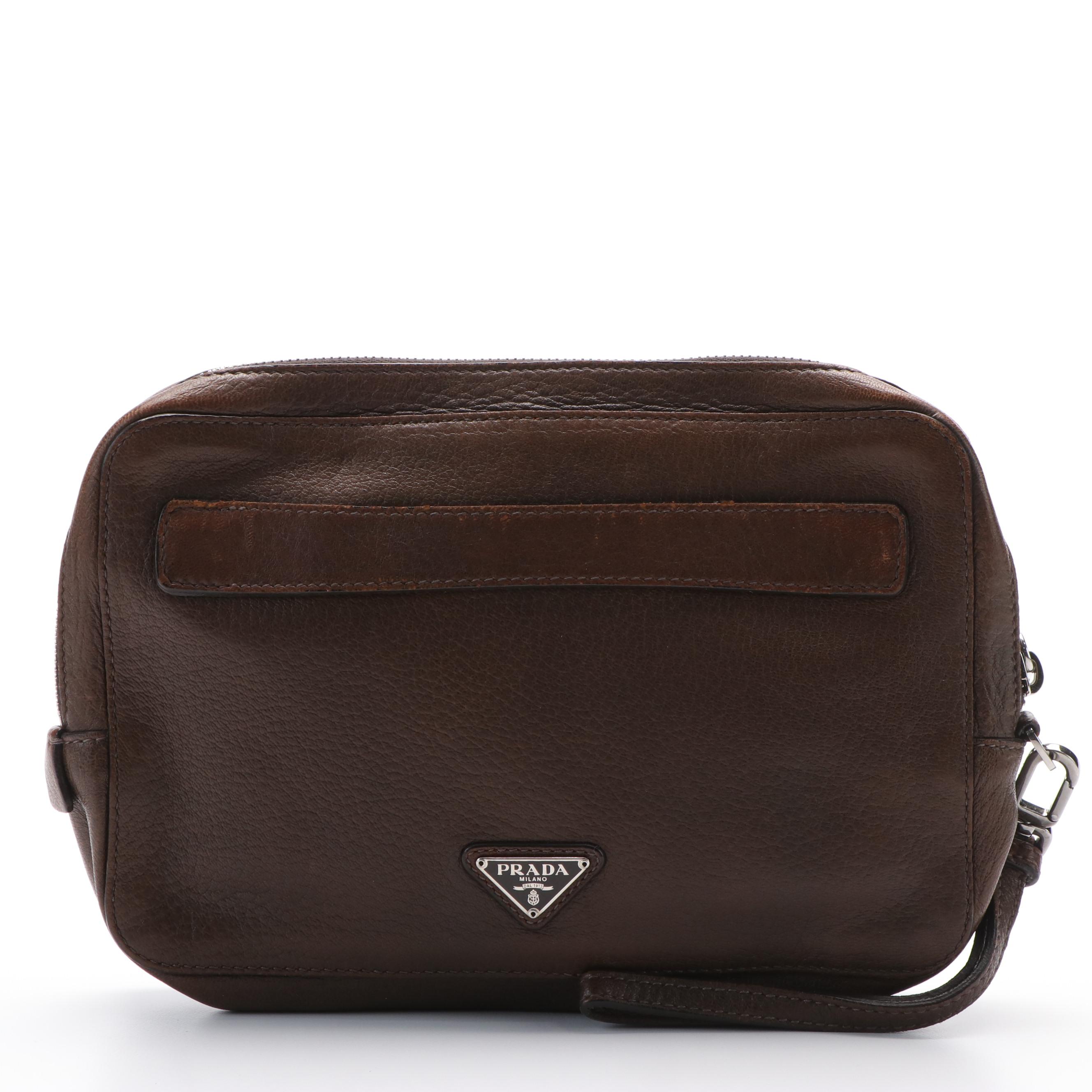 Prada Clutch Bag in Brown Leather