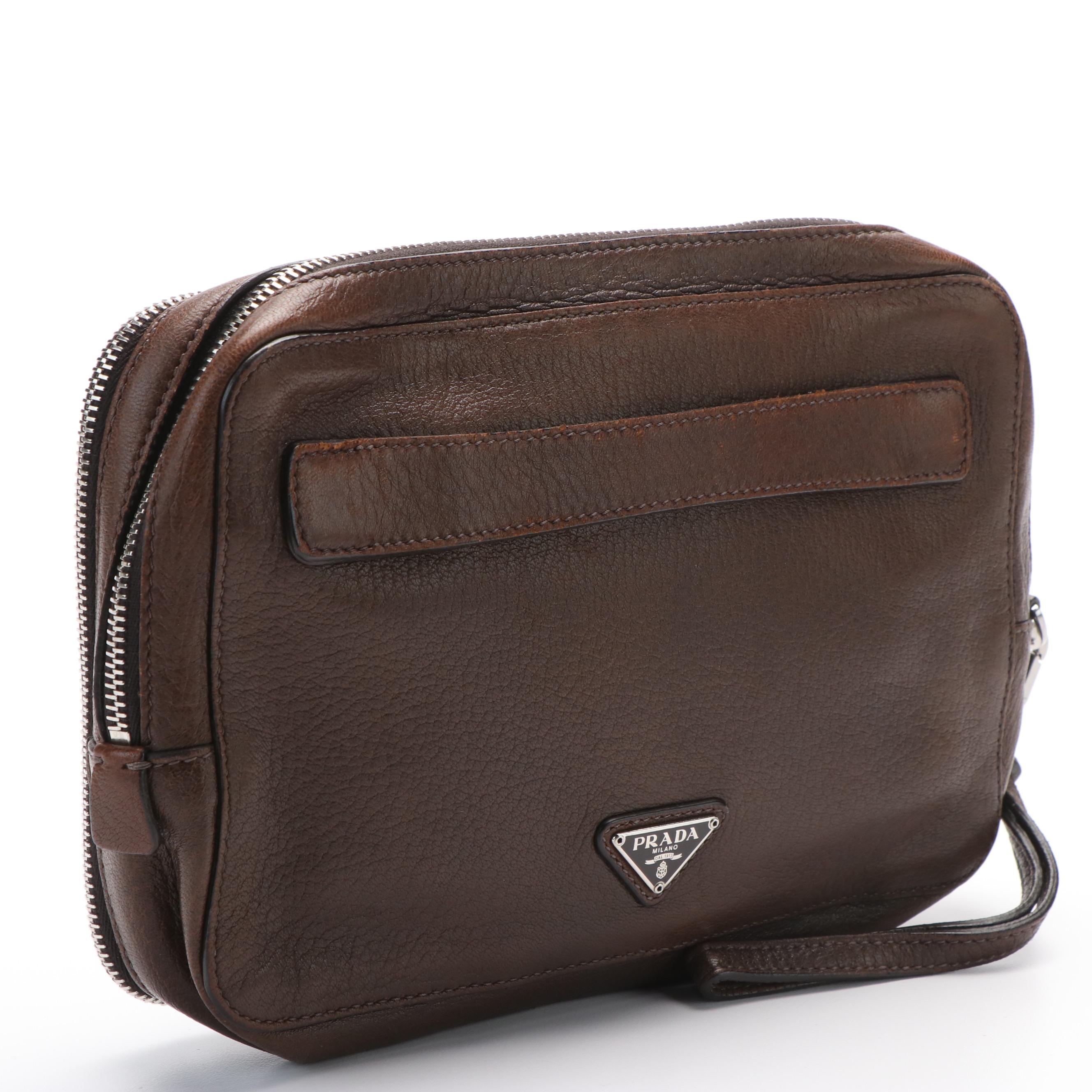 Prada Clutch Bag in Brown Leather