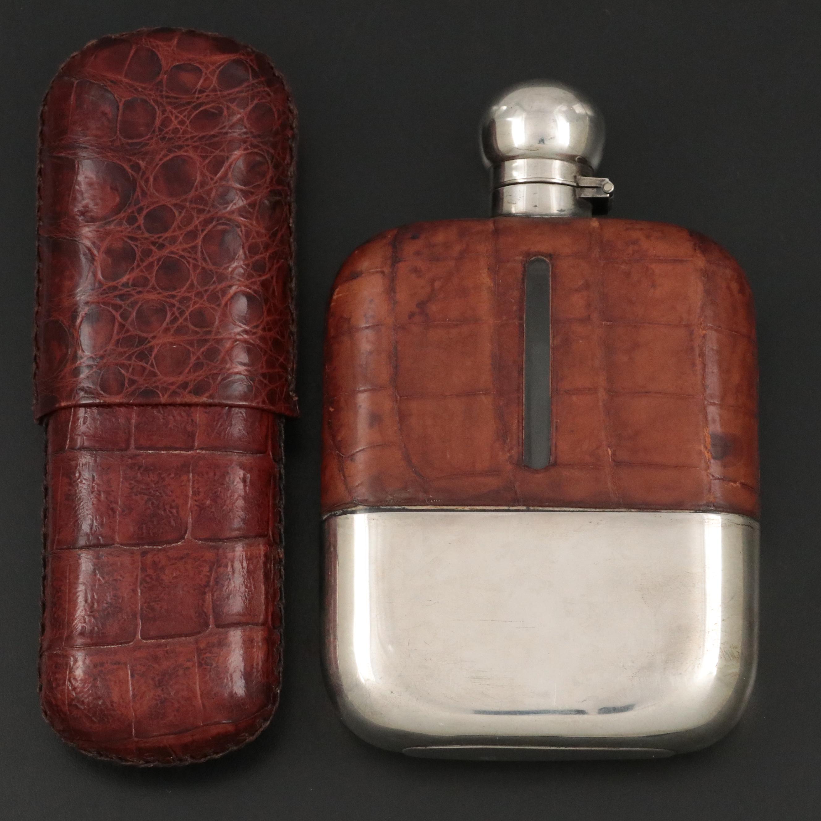James Dixon & Sons Ltd Sterling Silver Base Hip Flask with Leather Cigar Case