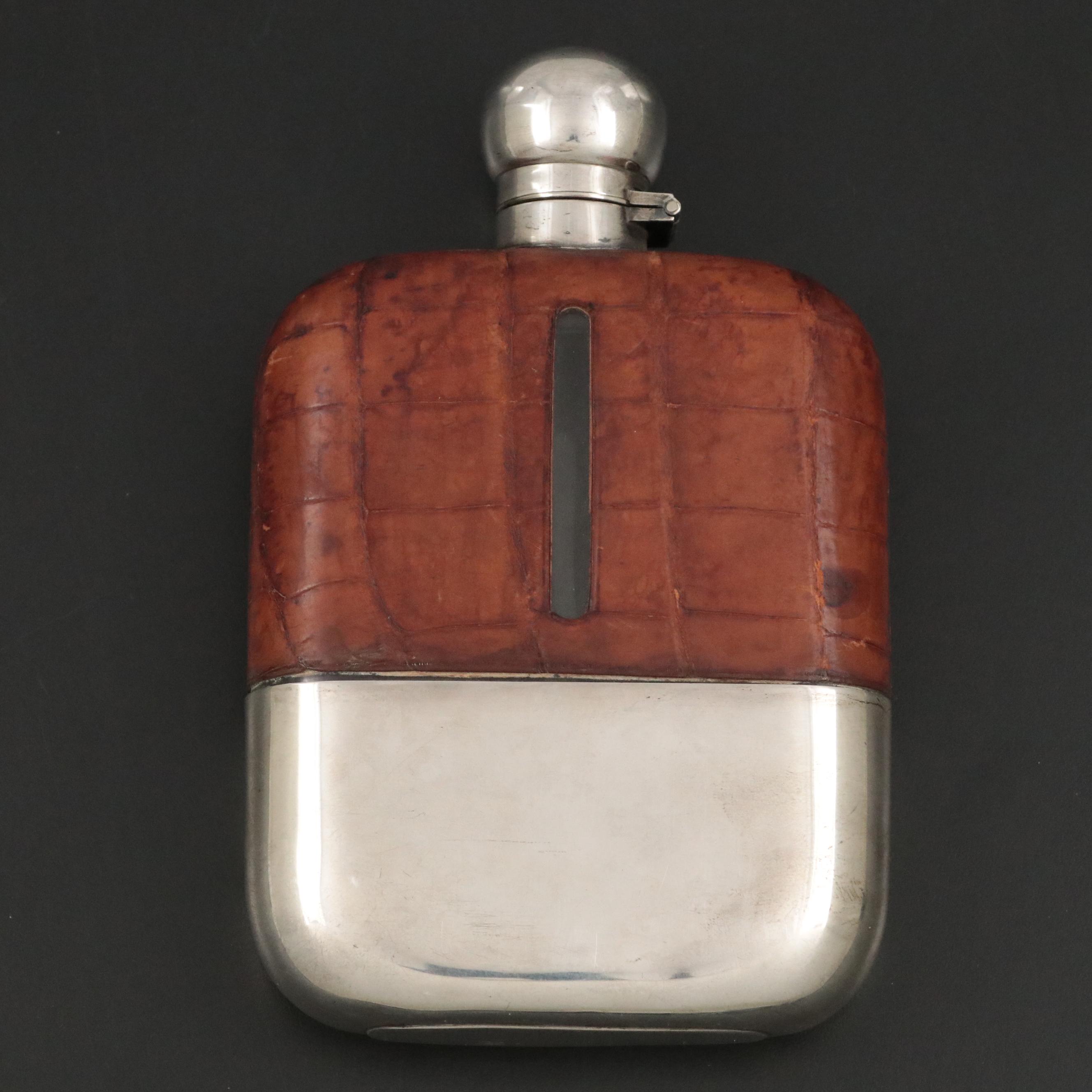 James Dixon & Sons Ltd Sterling Silver Base Hip Flask with Leather Cigar Case