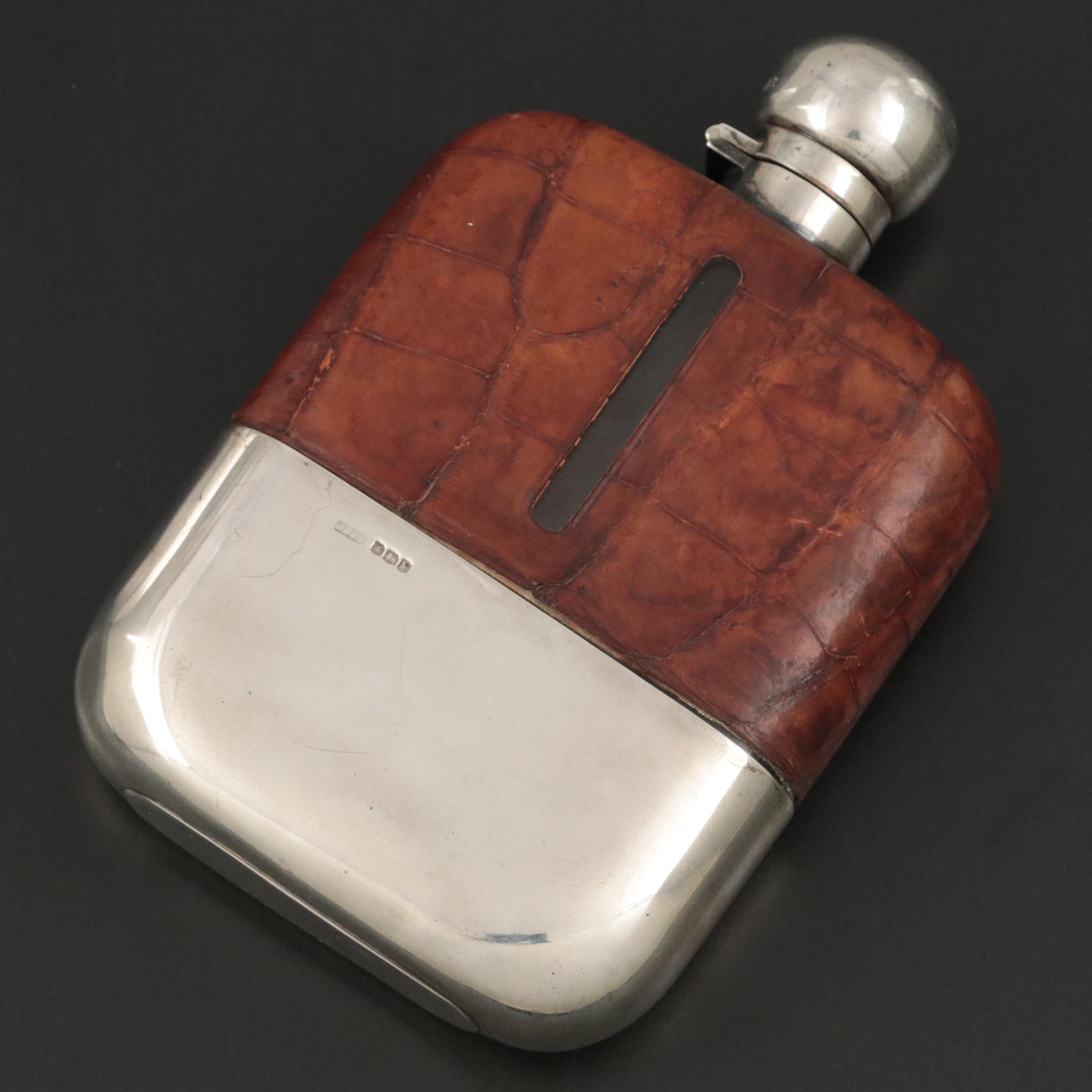 James Dixon & Sons Ltd Sterling Silver Base Hip Flask with Leather Cigar Case