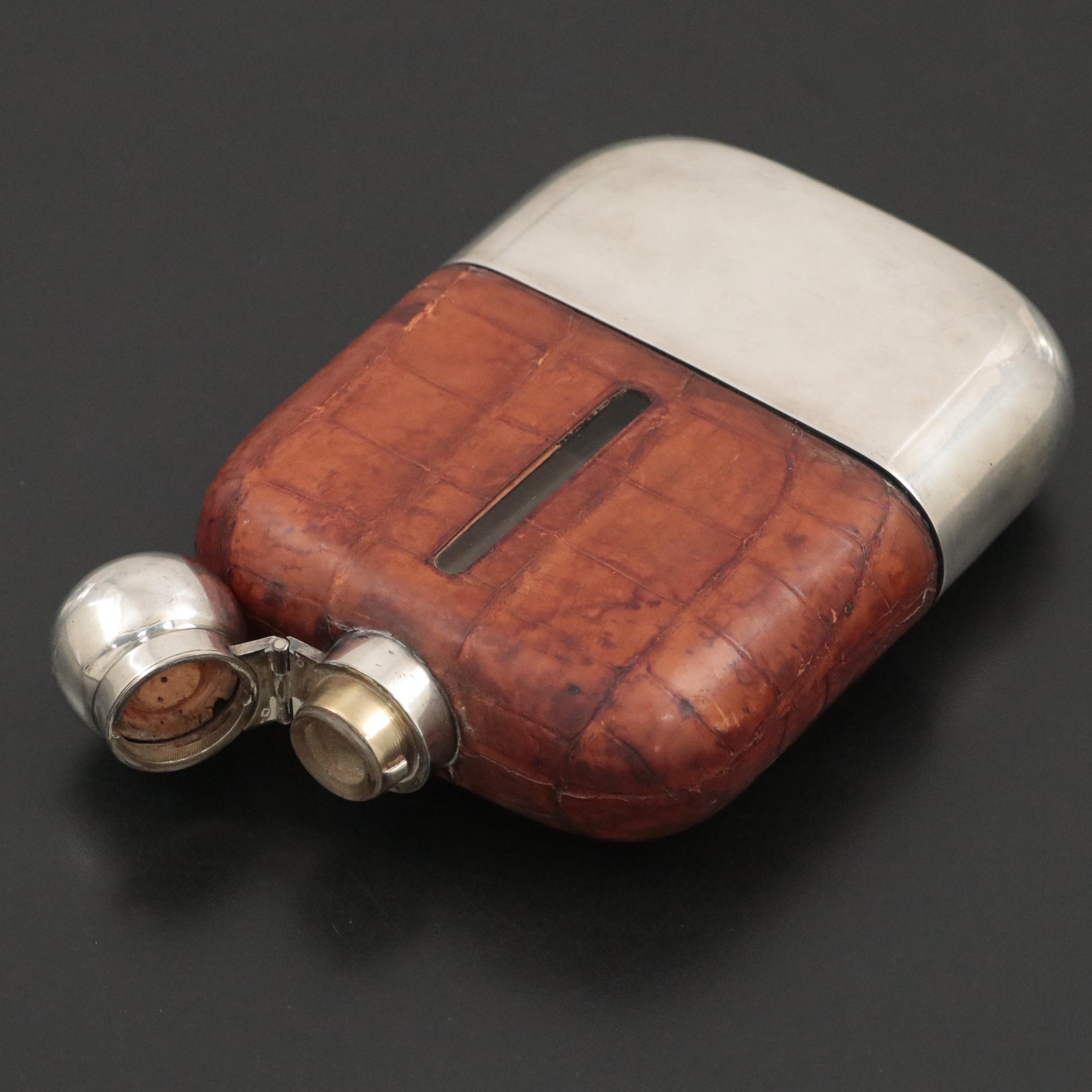 James Dixon & Sons Ltd Sterling Silver Base Hip Flask with Leather Cigar Case