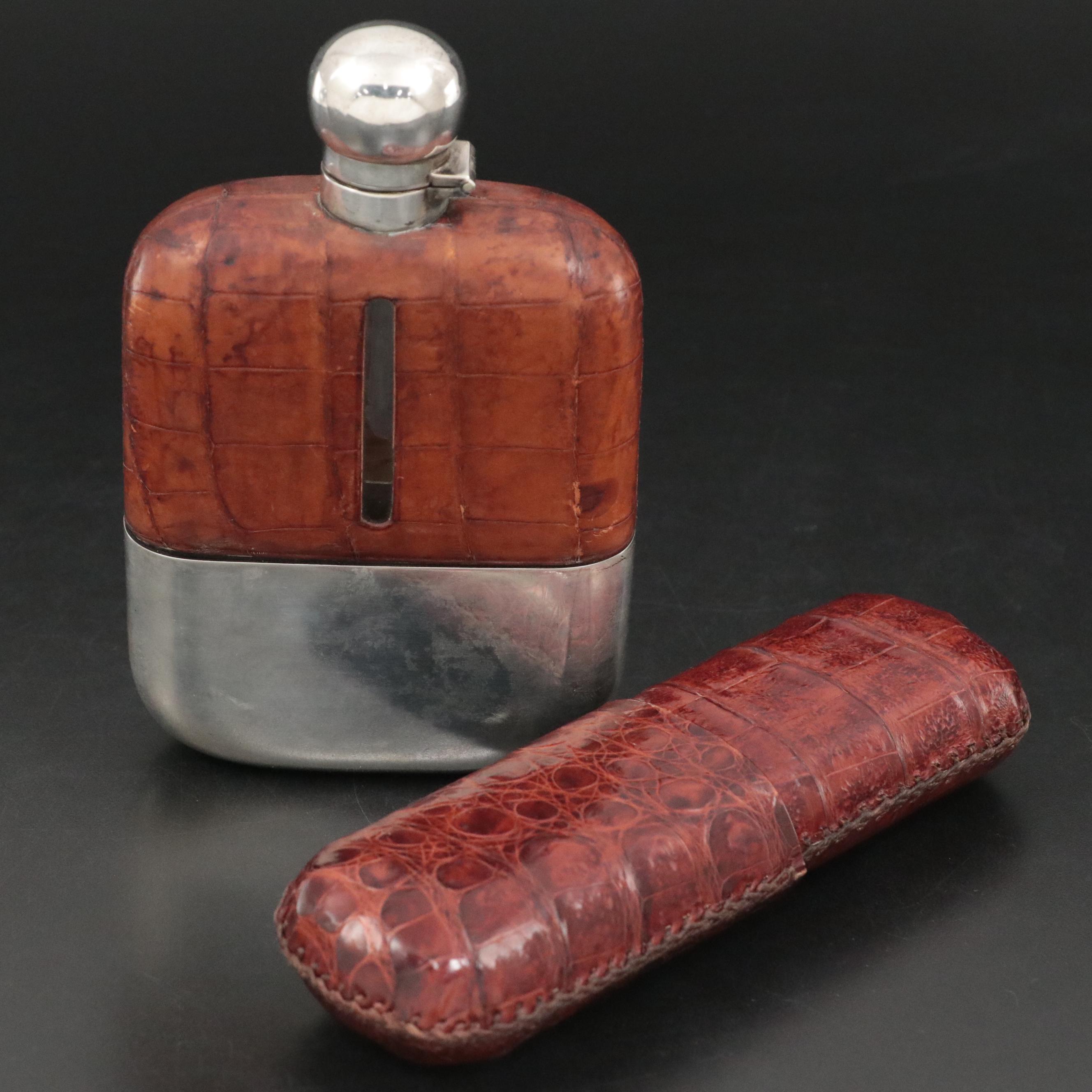 James Dixon & Sons Ltd Sterling Silver Base Hip Flask with Leather Cigar Case