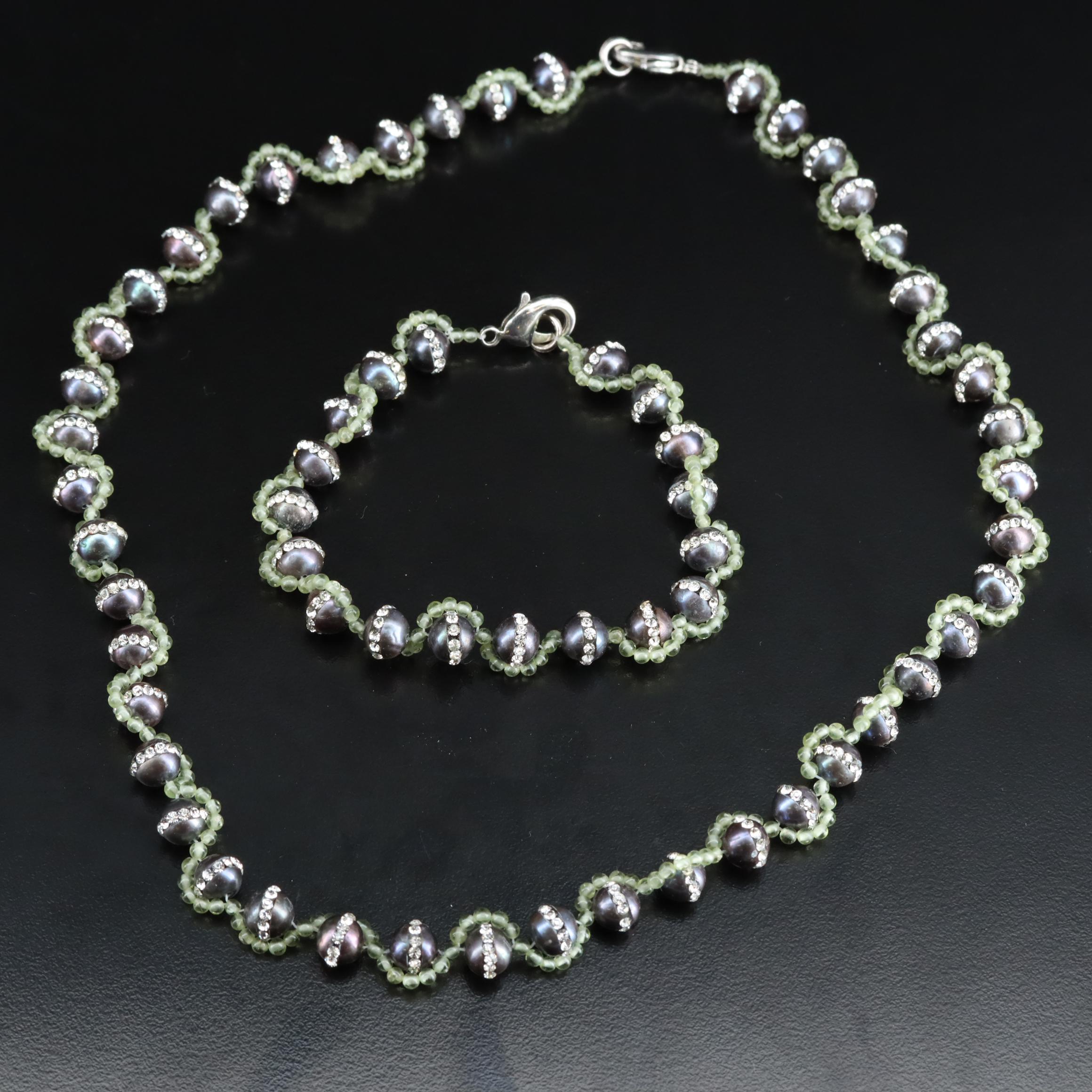 Pearl, Rhinestone and Glass Necklace and Bracelet
