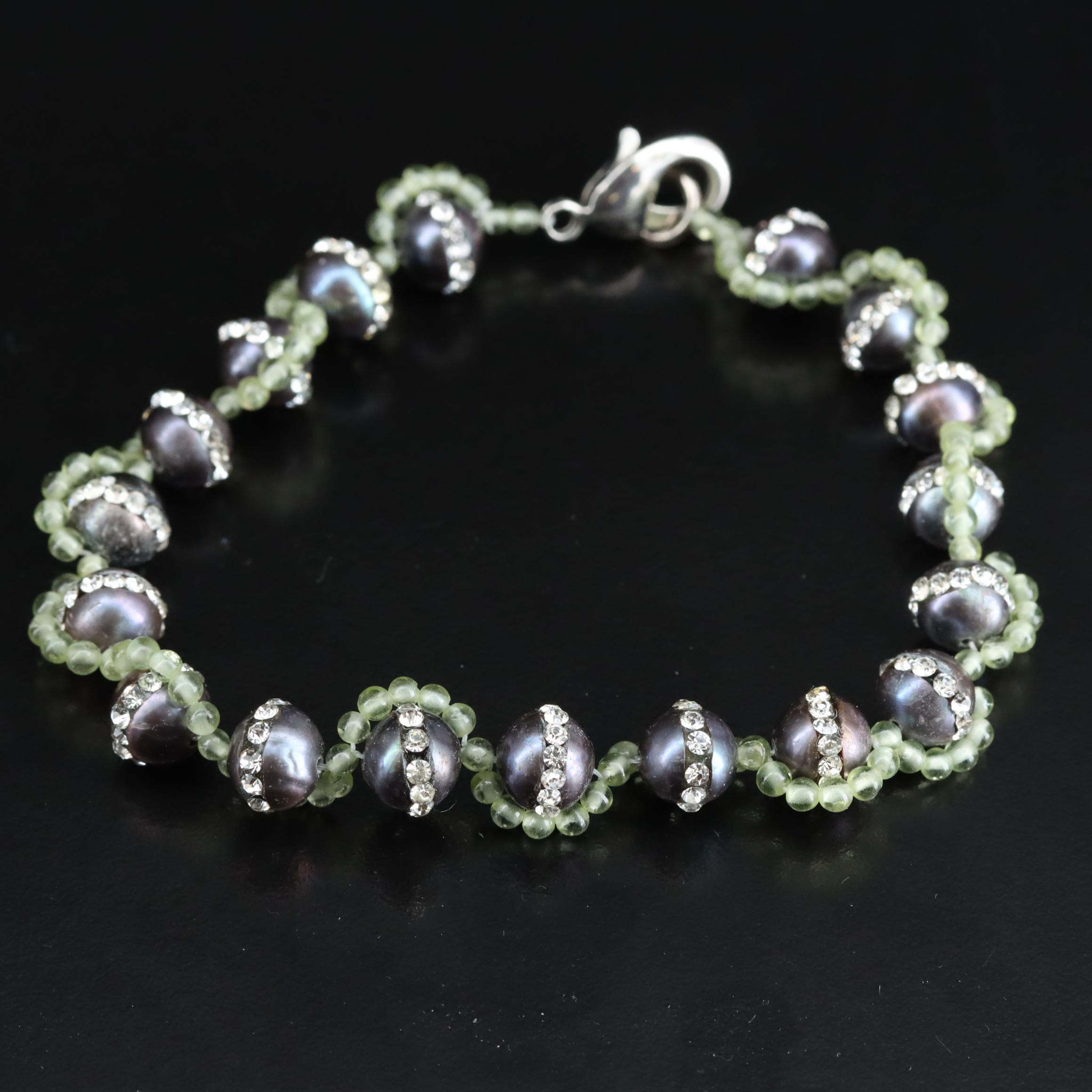 Pearl, Rhinestone and Glass Necklace and Bracelet