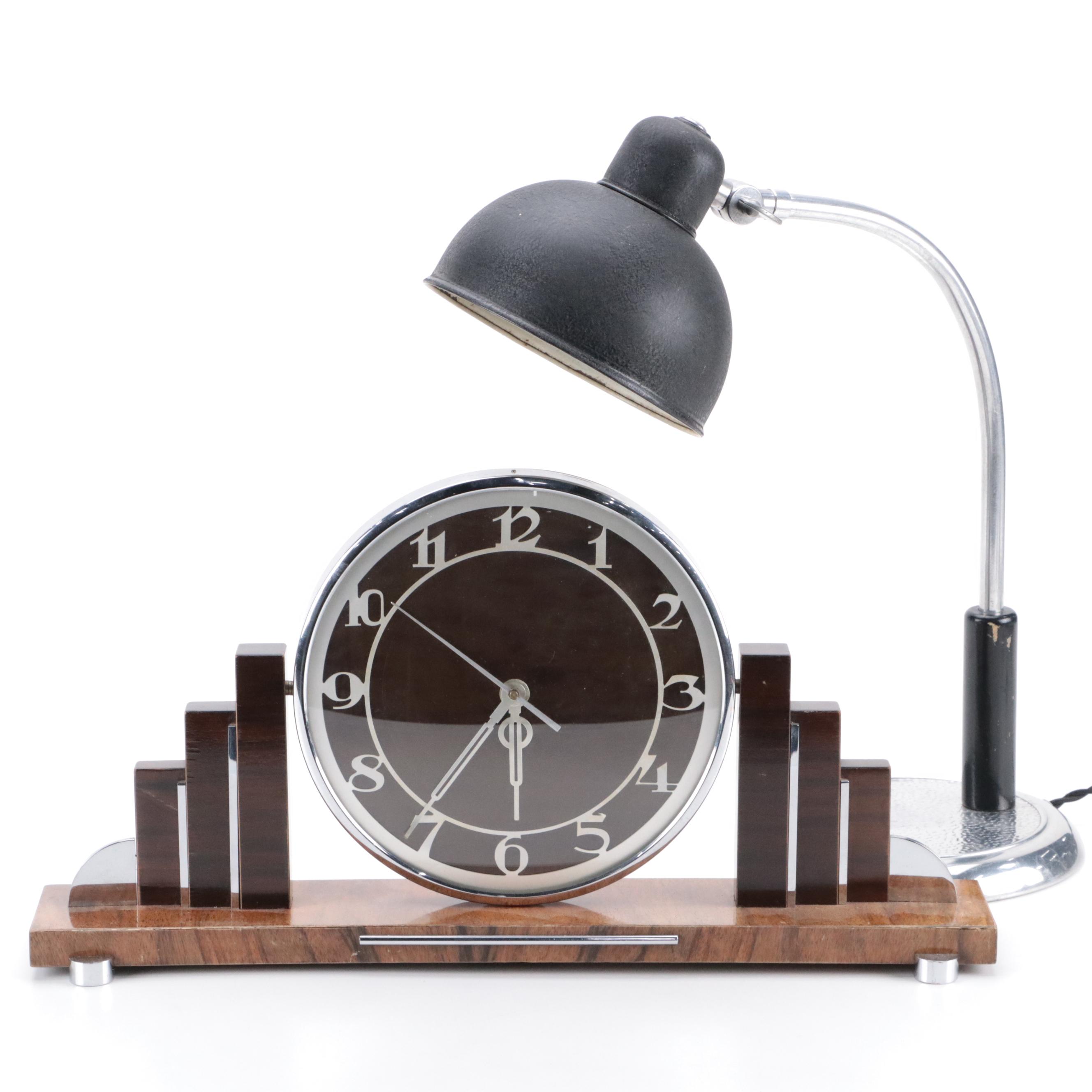 Art Deco Style Clock with Gooseneck Metal Task Lamp Attributed to Christian Dell