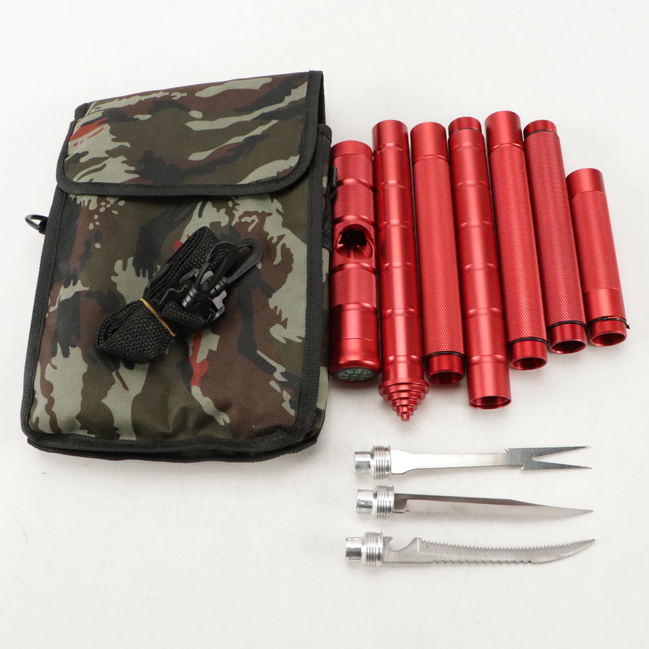 Red Metal Survival Cane 9-in-1 with Knife and Saw with Case