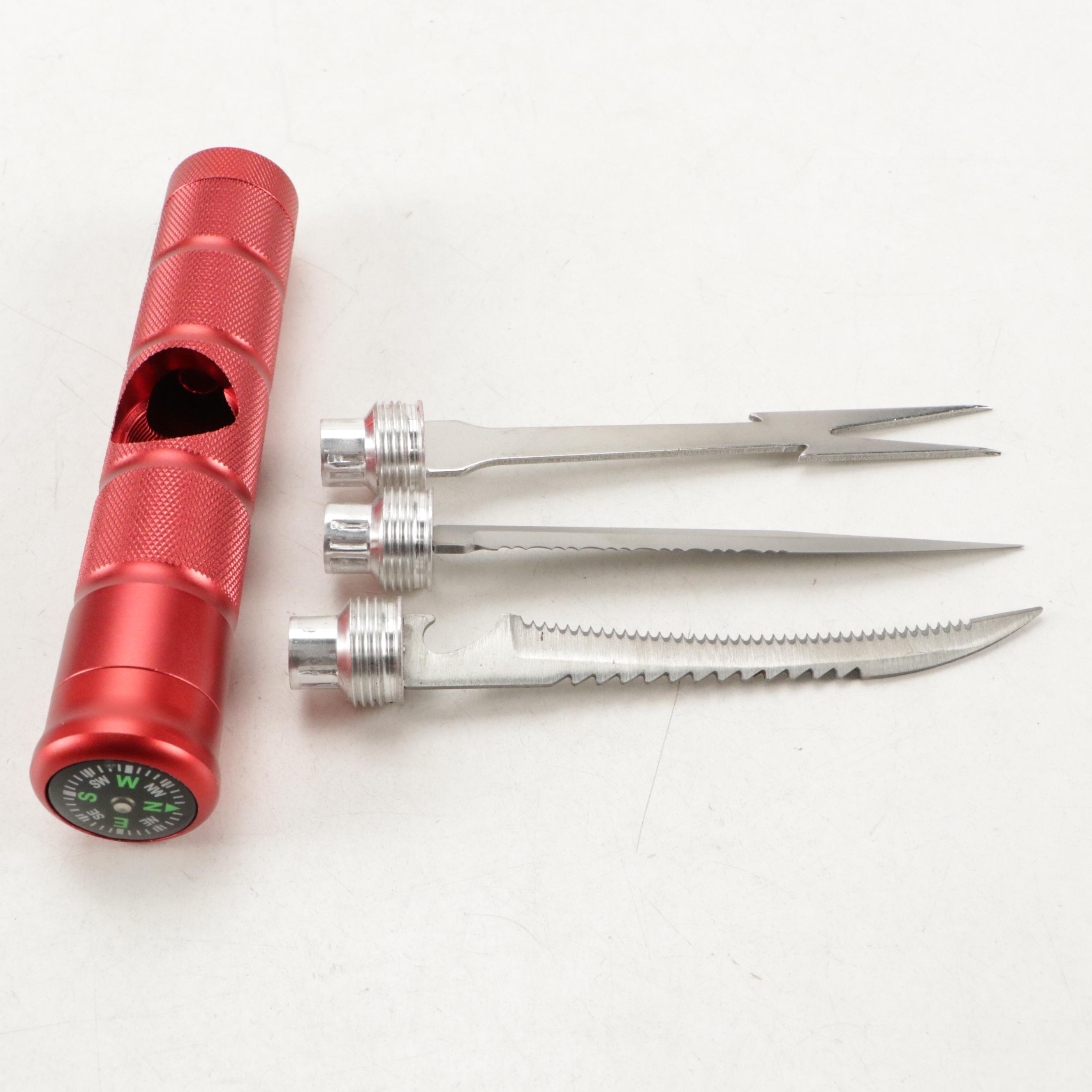 Red Metal Survival Cane 9-in-1 with Knife and Saw with Case