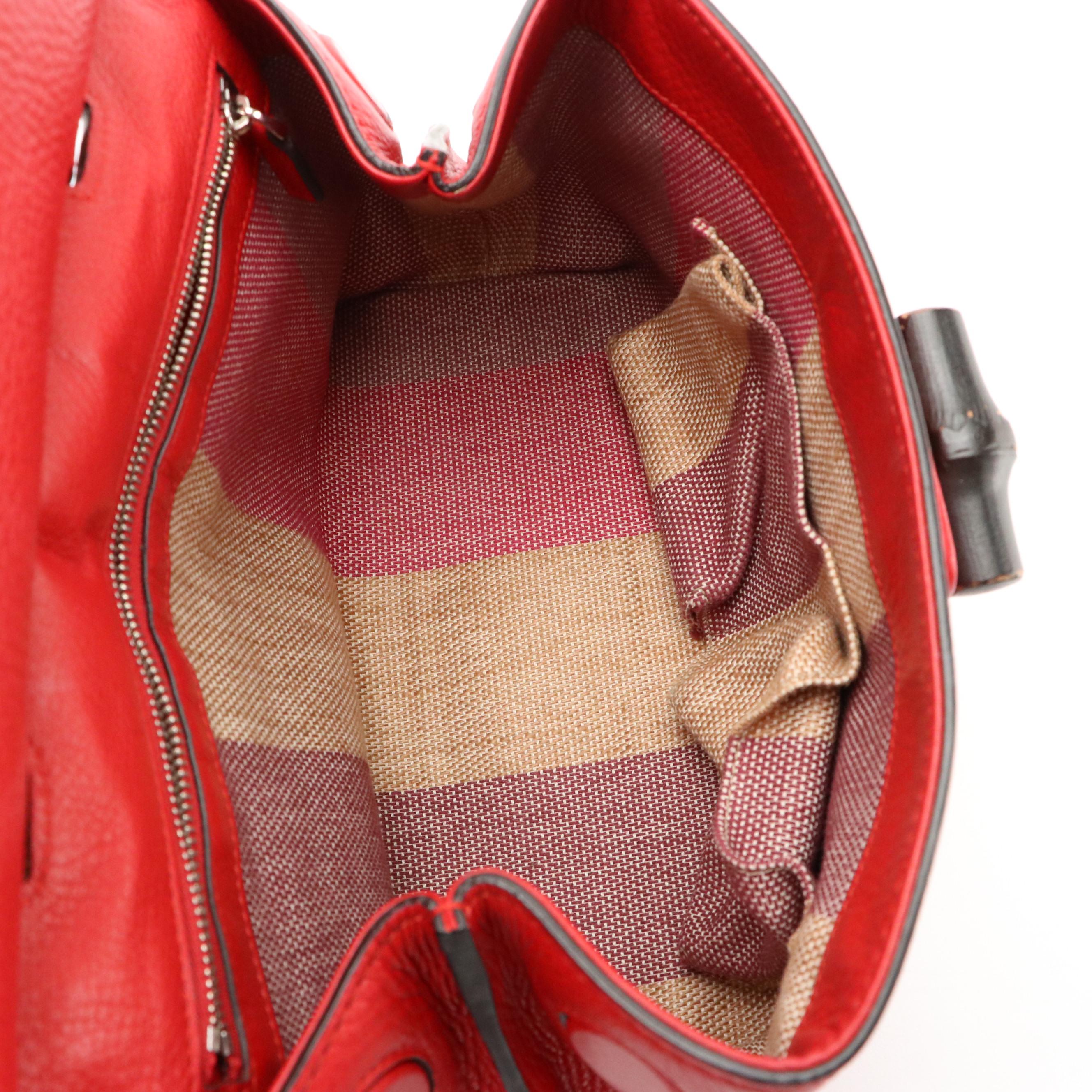 Gucci Red Pebble Grain Leather Two-Way Handbag with Bamboo Twist Lock