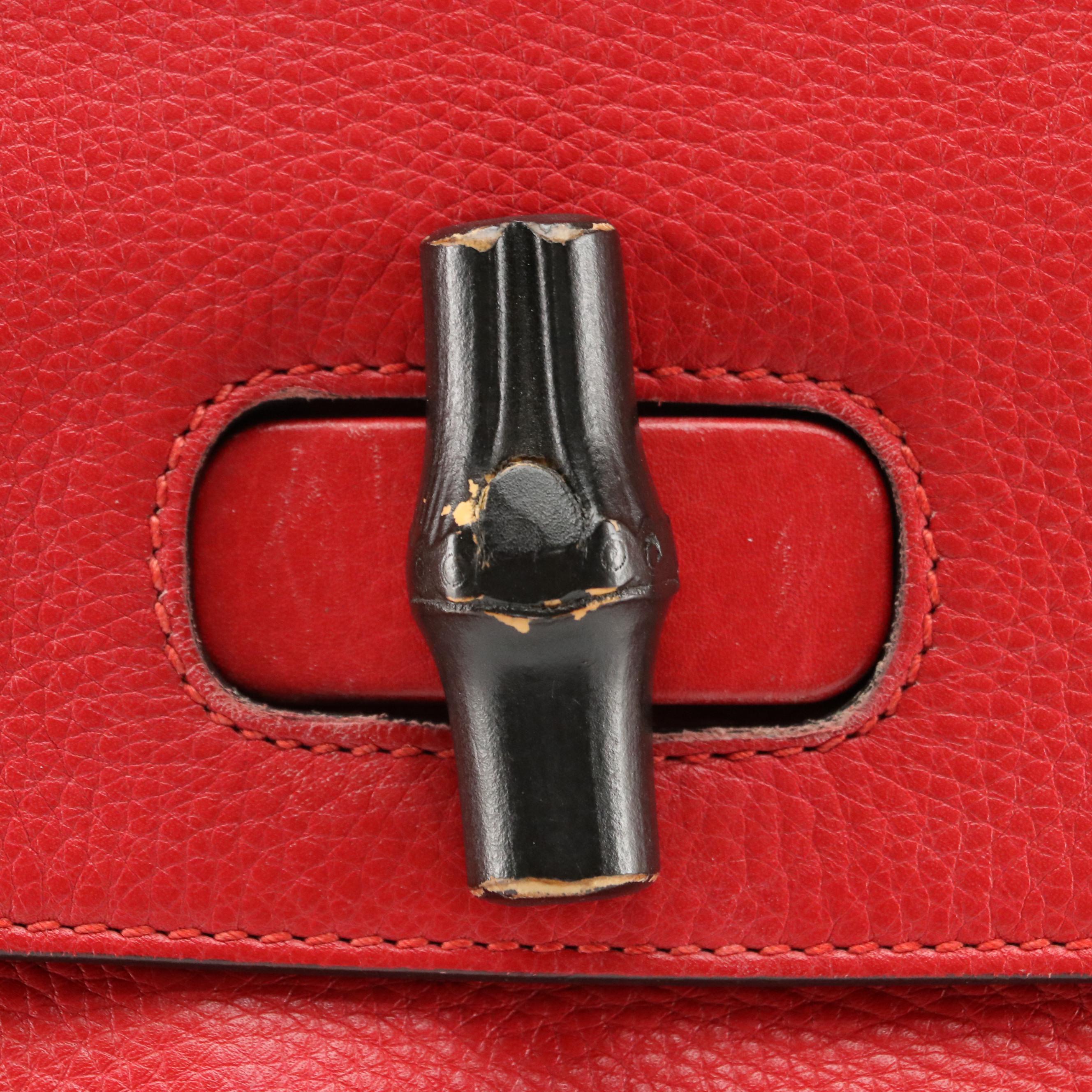Gucci Red Pebble Grain Leather Two-Way Handbag with Bamboo Twist Lock