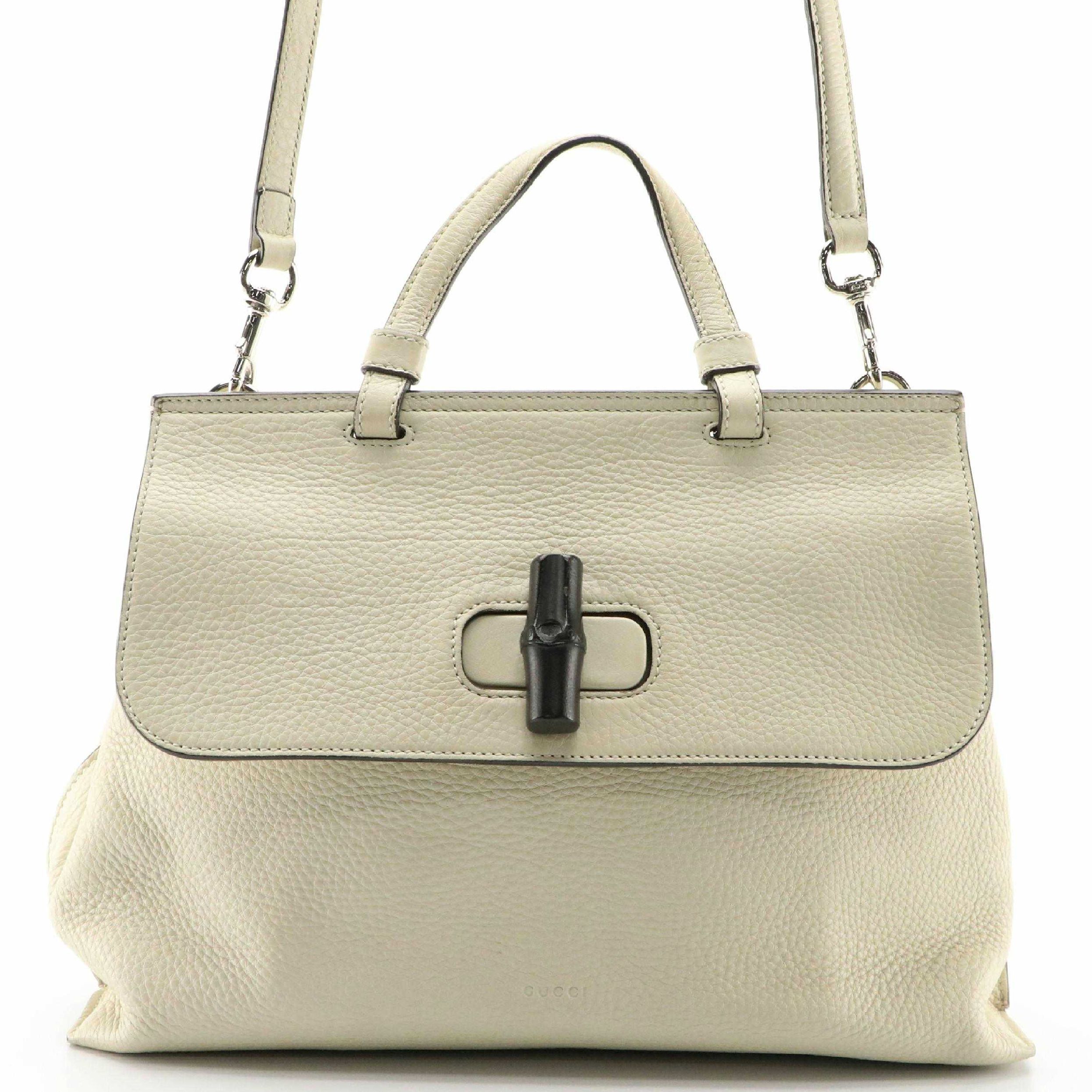 Gucci Ivory Pebble Grain Leather Two-Way Handbag with Bamboo Twist Lock