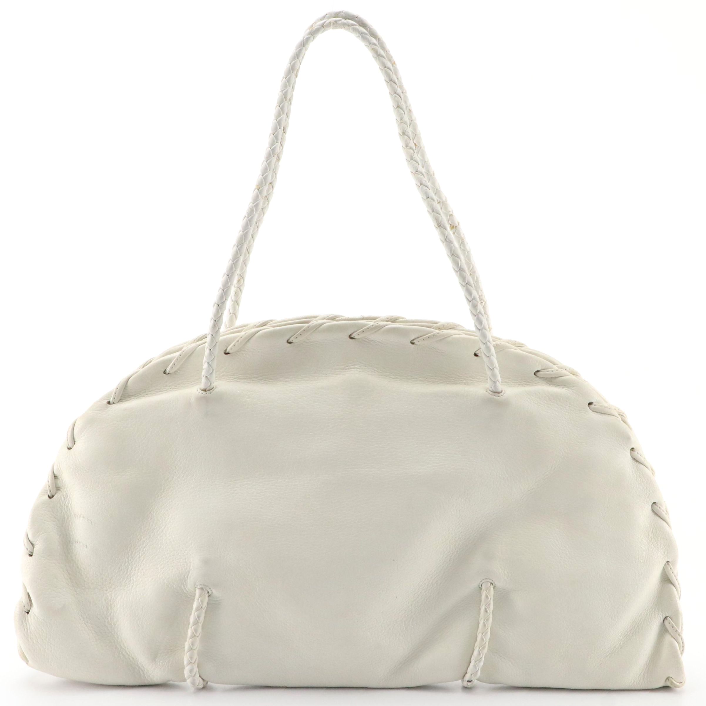 Bottega Veneta White Grain Leather Shoulder Bag with Intrecciato Leather Straps