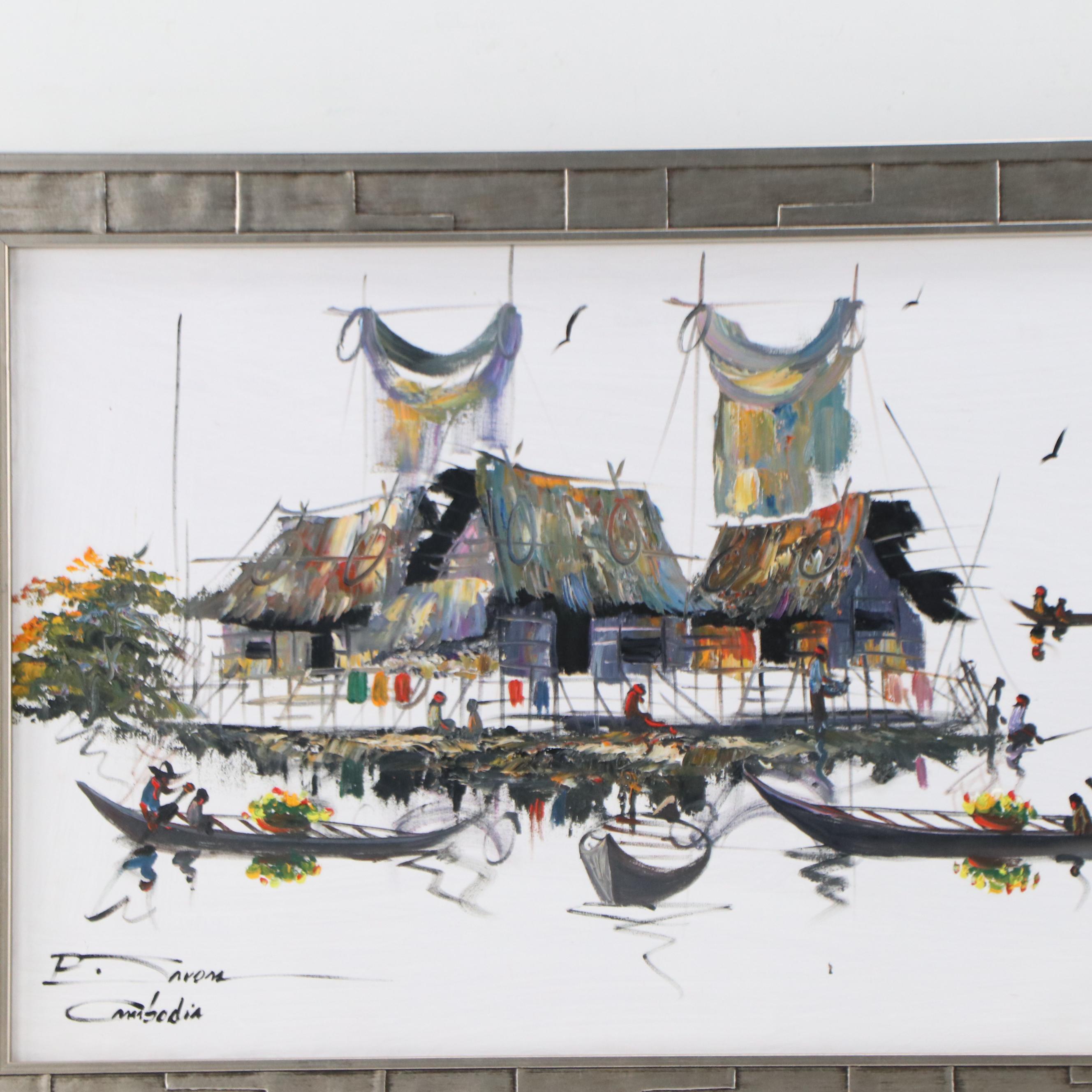 Cambodian Landscape Acrylic Painting, 21st Century