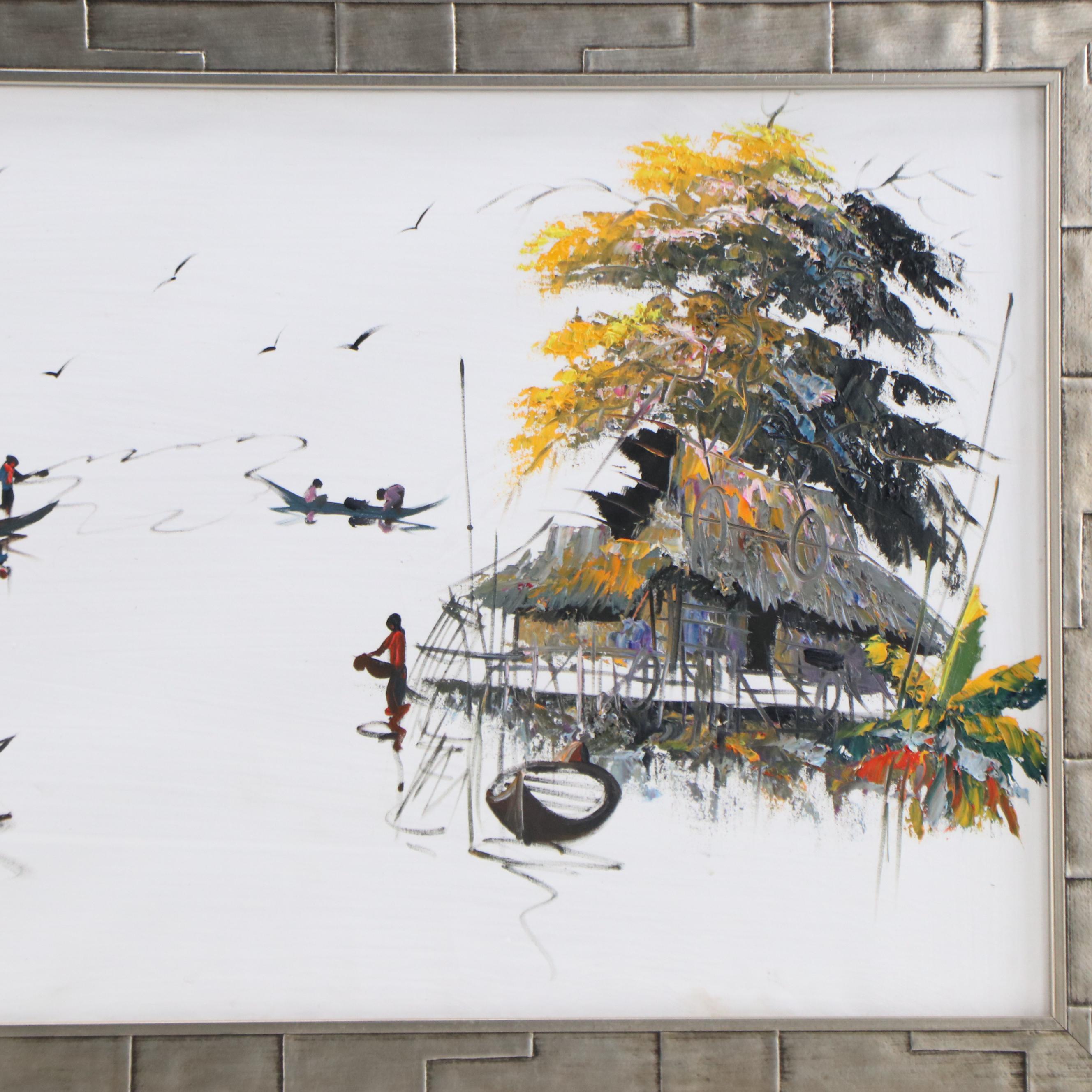 Cambodian Landscape Acrylic Painting, 21st Century