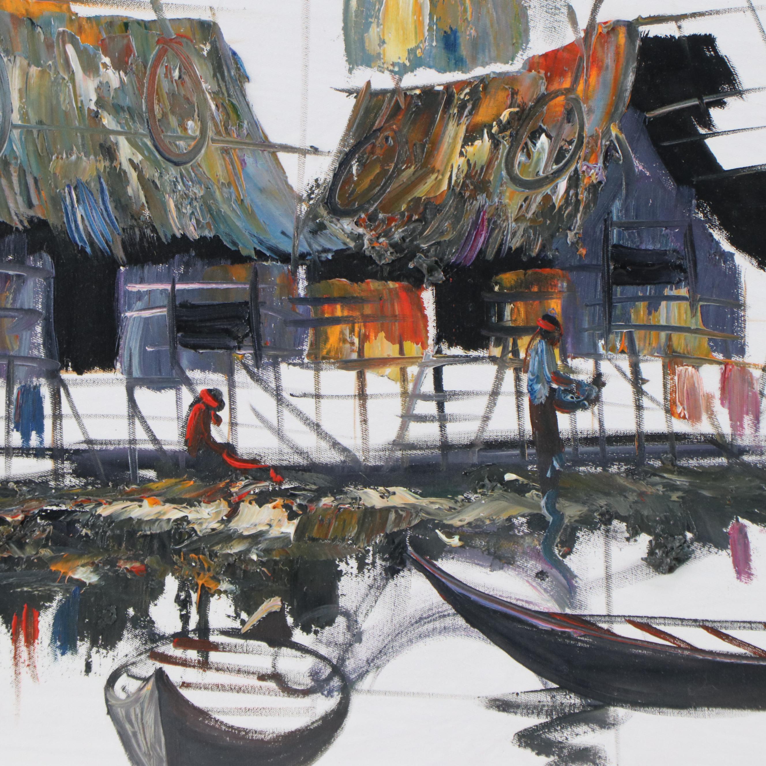 Cambodian Landscape Acrylic Painting, 21st Century