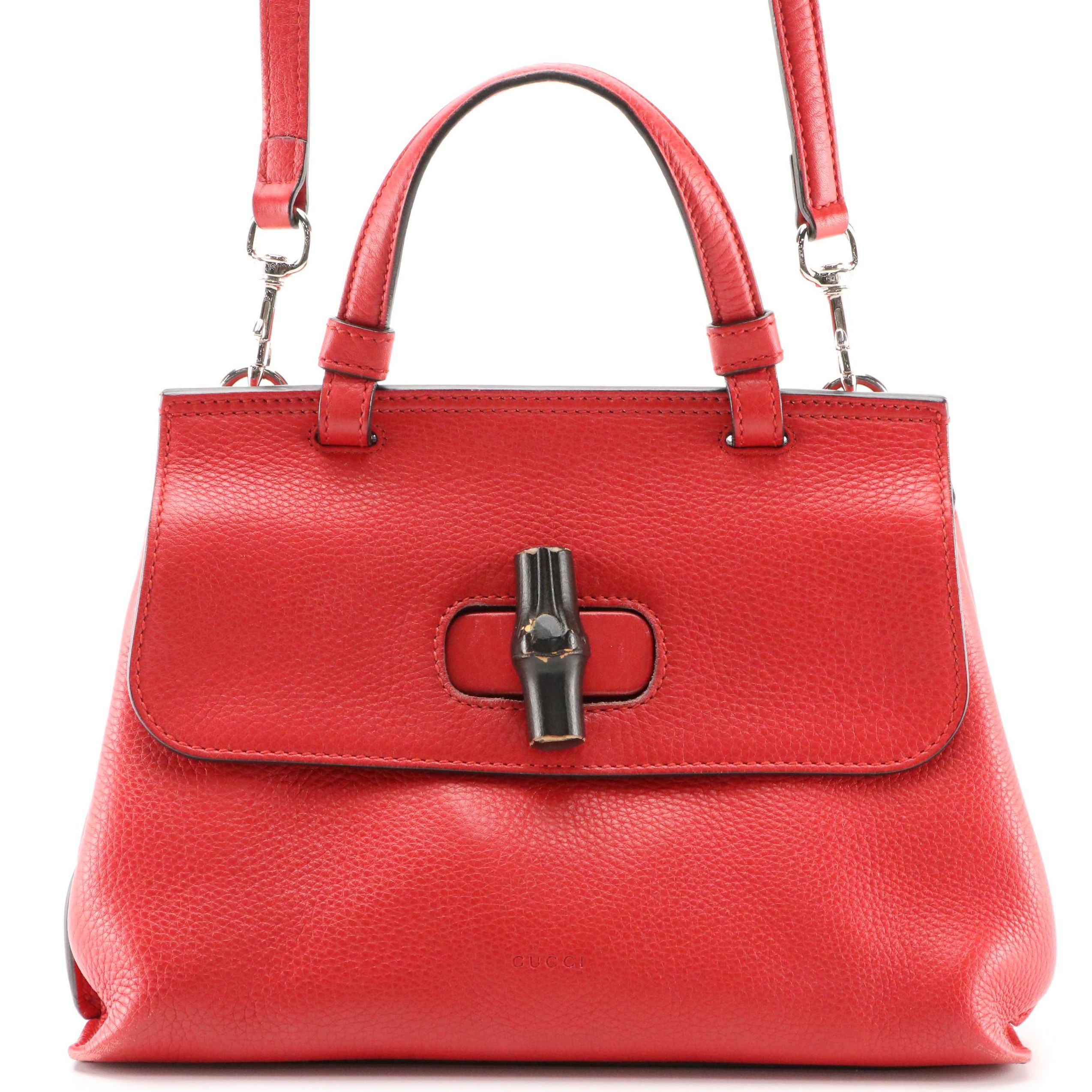 Gucci Red Pebble Grain Leather Two-Way Handbag with Bamboo Twist Lock