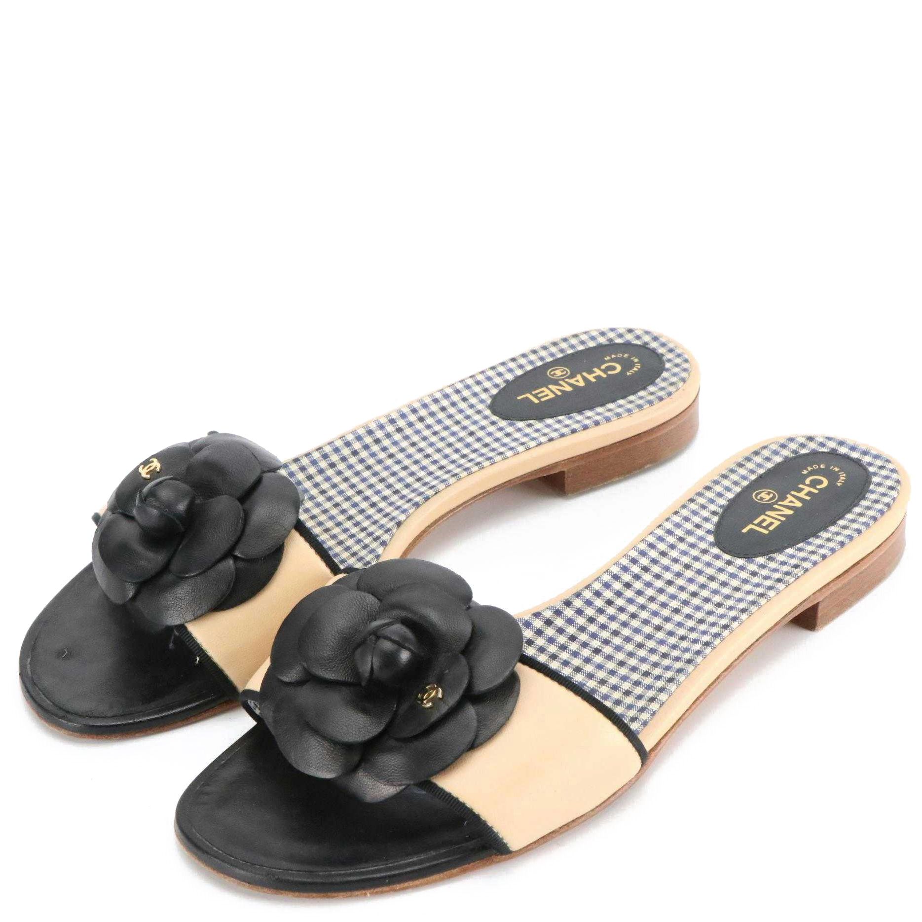 Chanel Leather Camelia Colorblock Slide Sandals