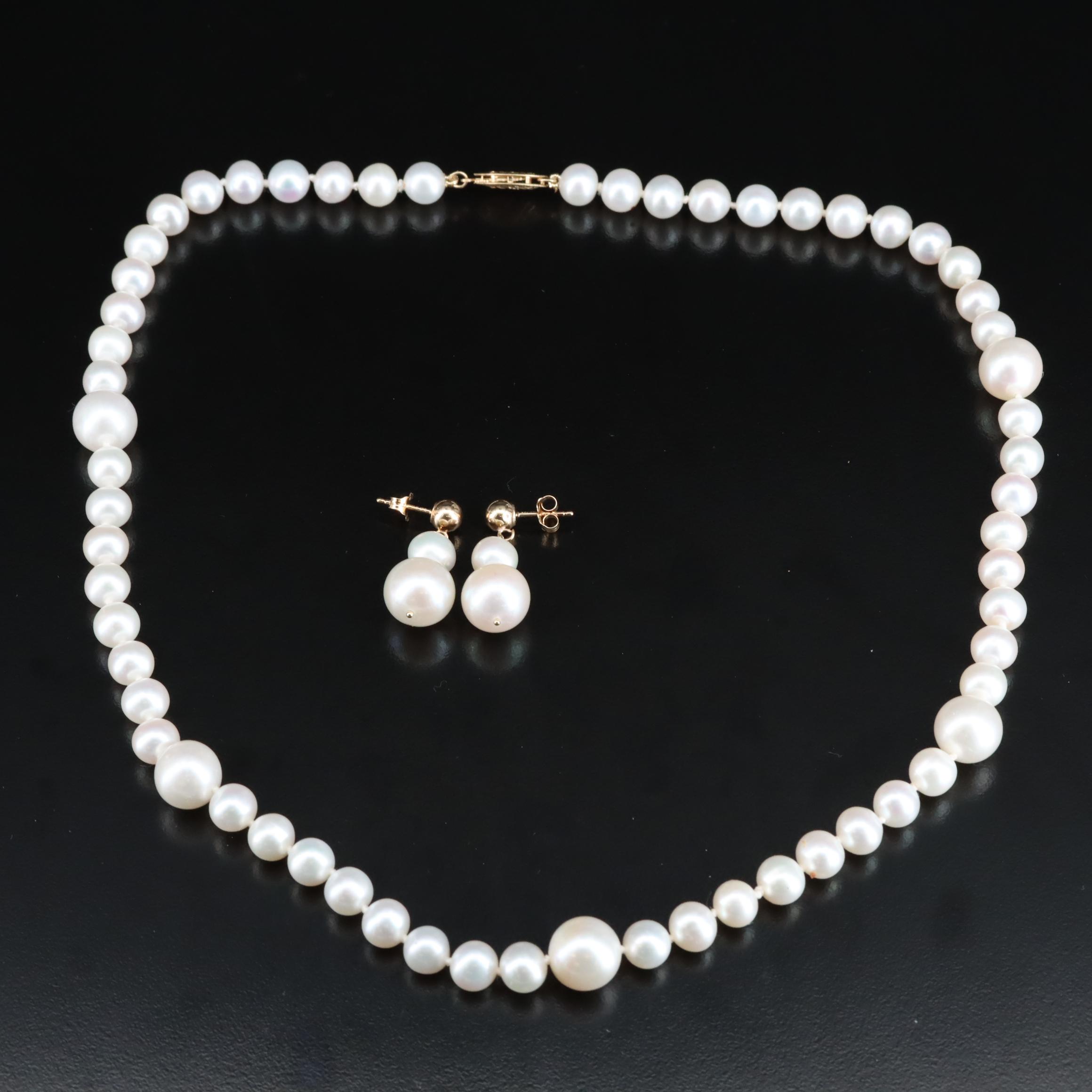 14K Pearl Necklace and Drop Earring Set