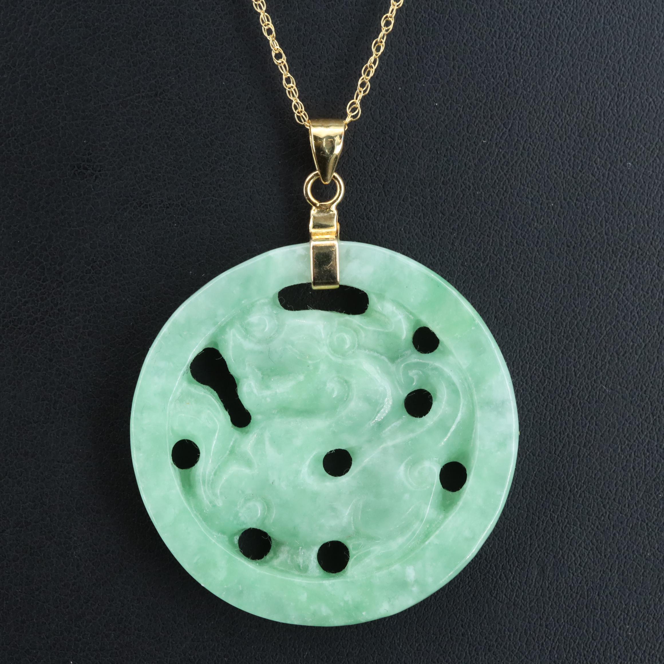 Sterling Carved Jadeite Dragon Medallion Necklace