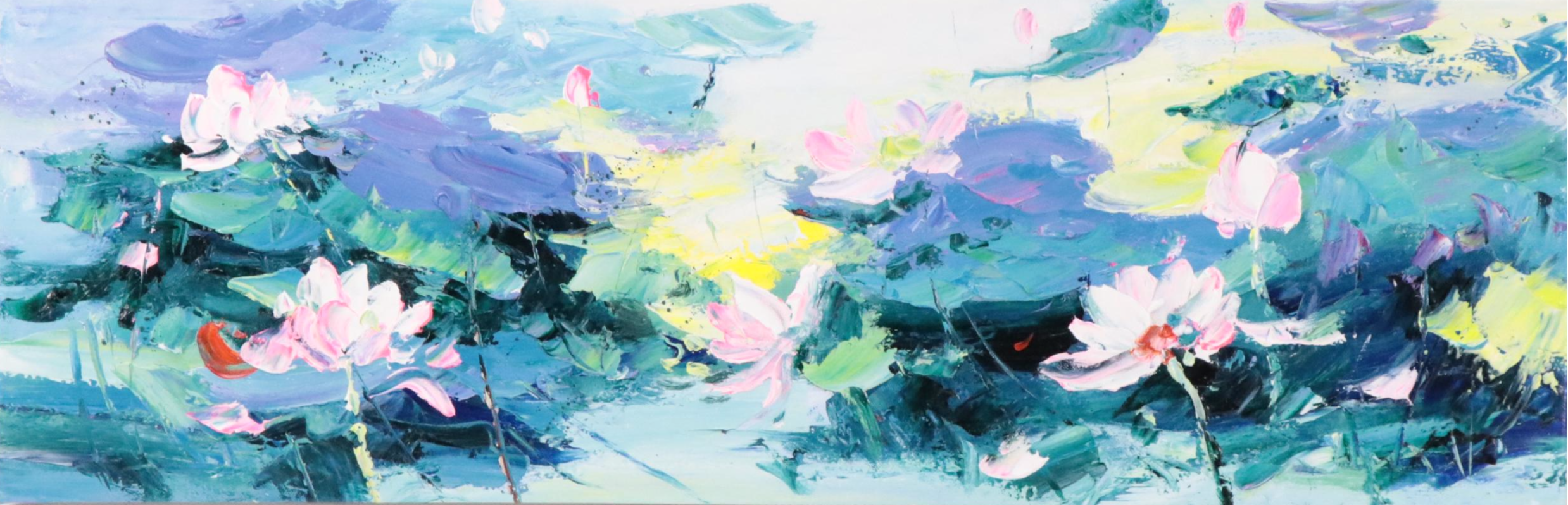 Ping Floral Acrylic Painting of Waterlilies, 21st Century