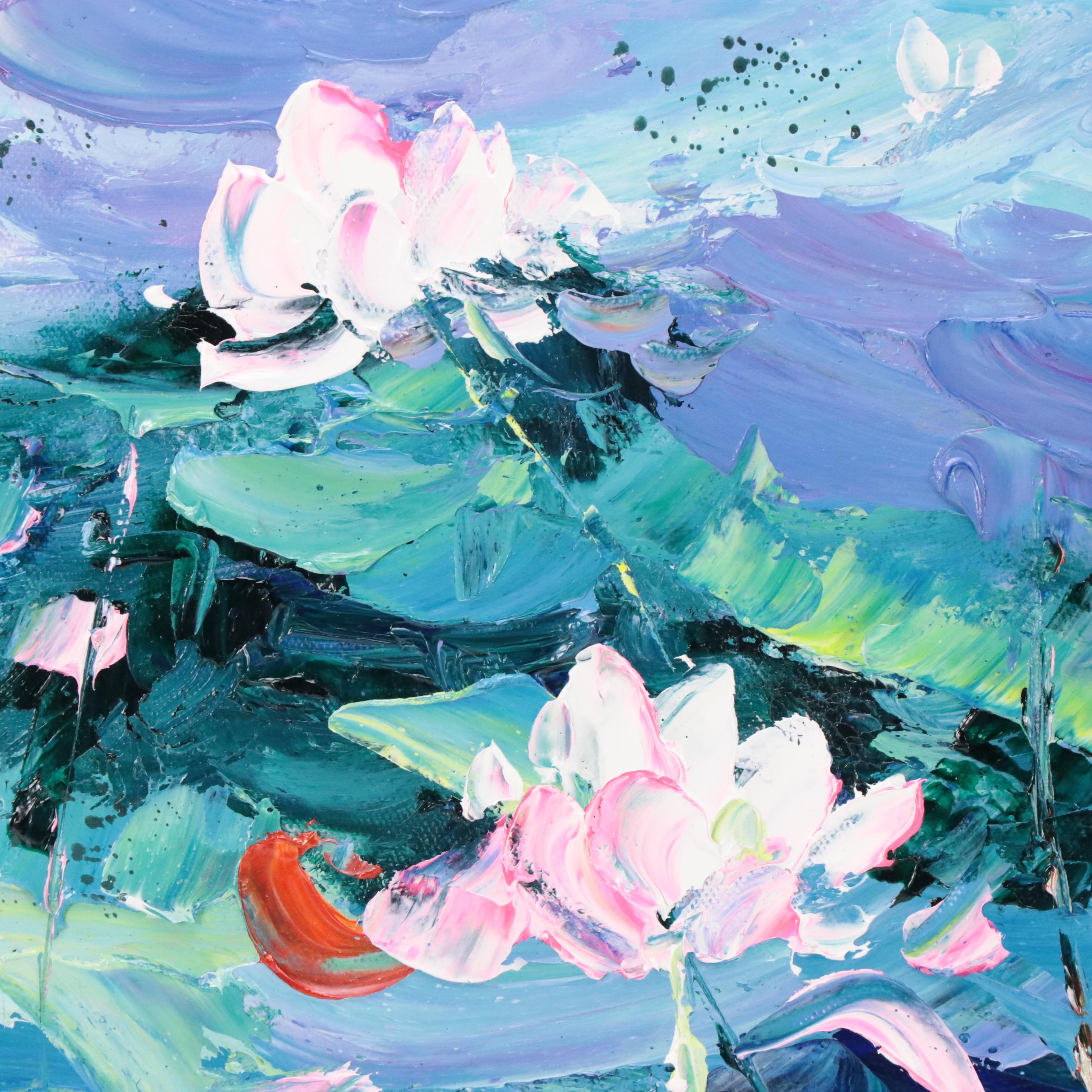 Ping Floral Acrylic Painting of Waterlilies, 21st Century