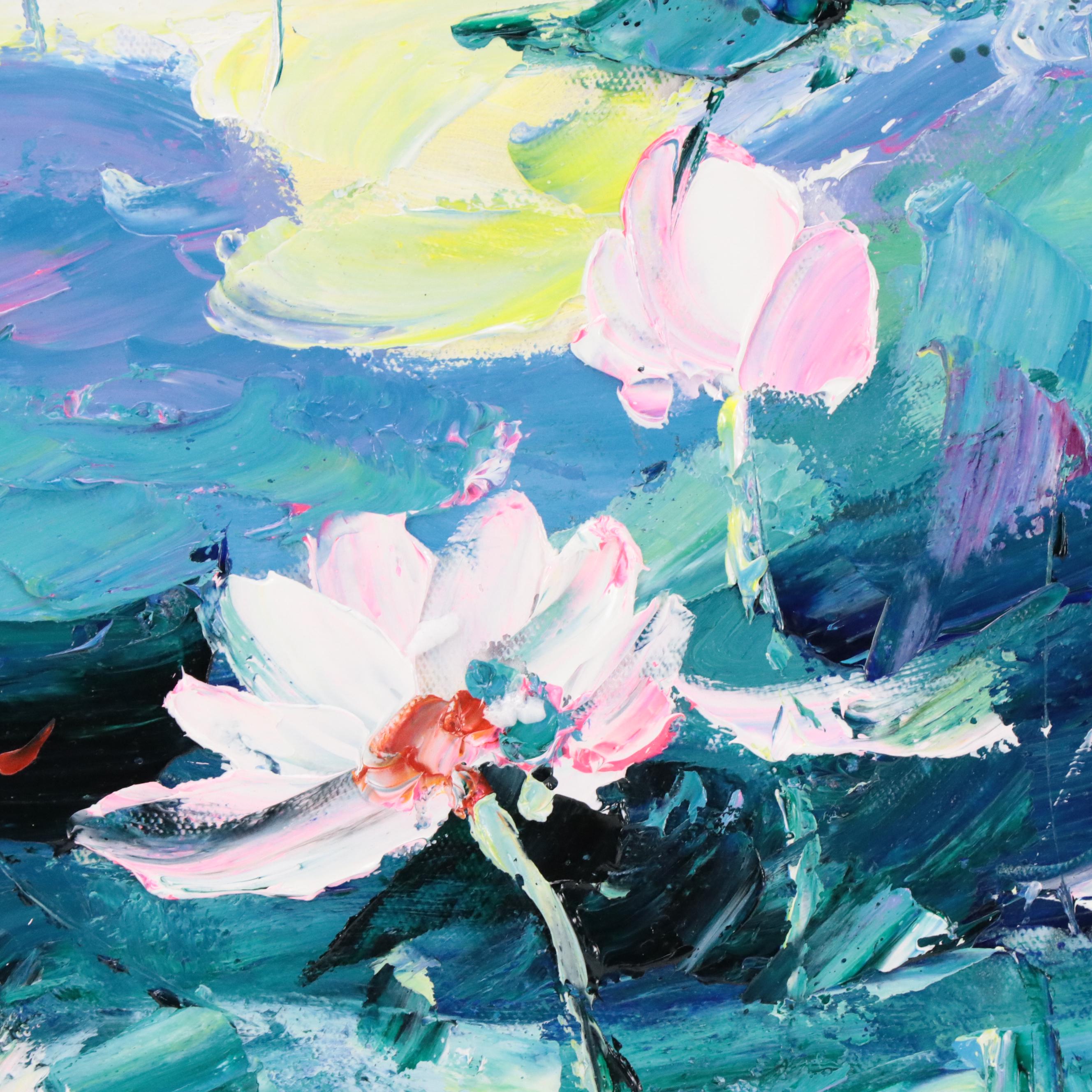 Ping Floral Acrylic Painting of Waterlilies, 21st Century