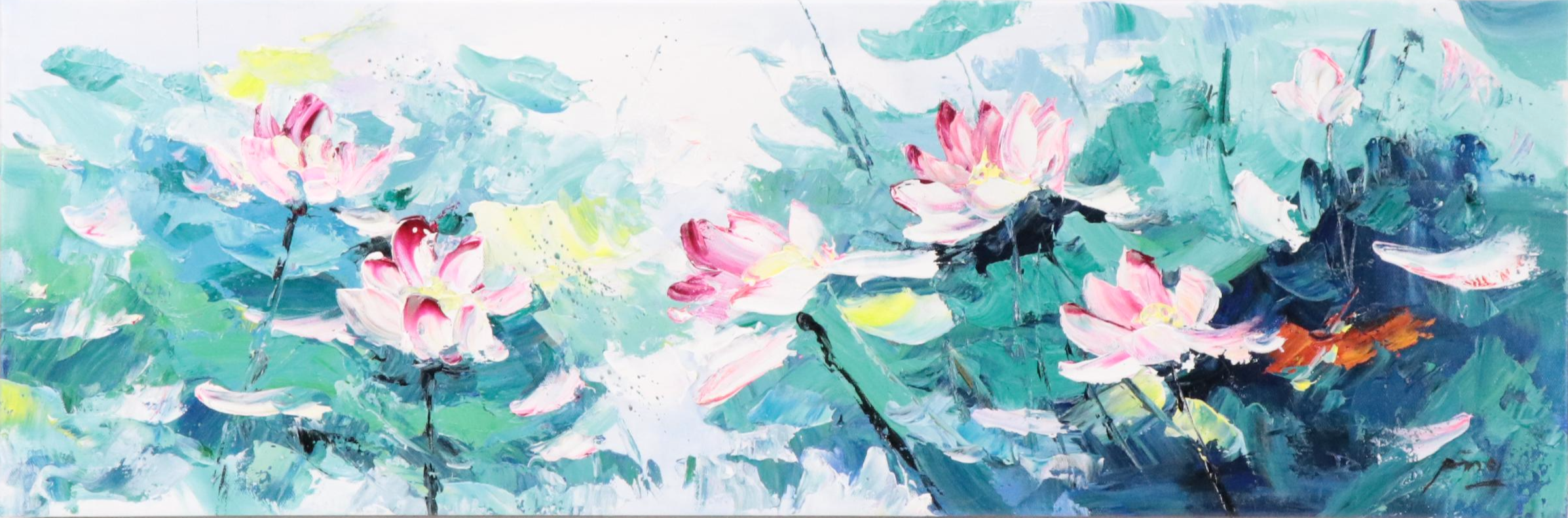 Ping Floral Acrylic Painting of Waterlilies, 21st Century