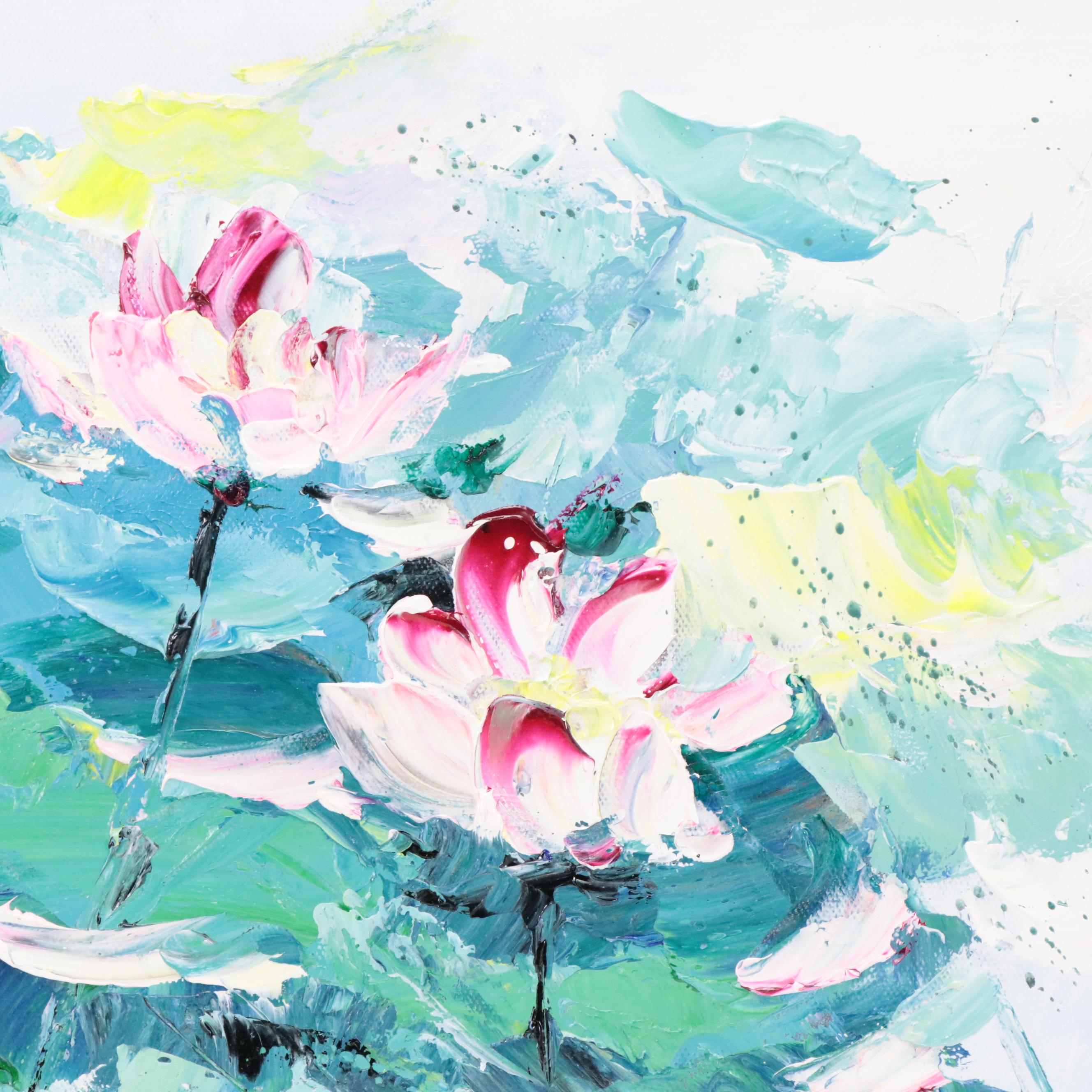 Ping Floral Acrylic Painting of Waterlilies, 21st Century