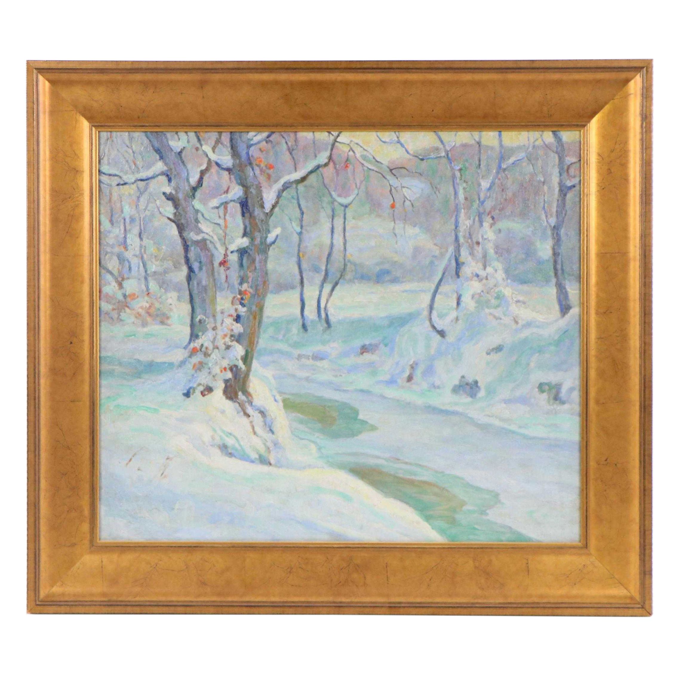 Carl Graf Winter Woodland Landscape Oil Painting, Circa 1925