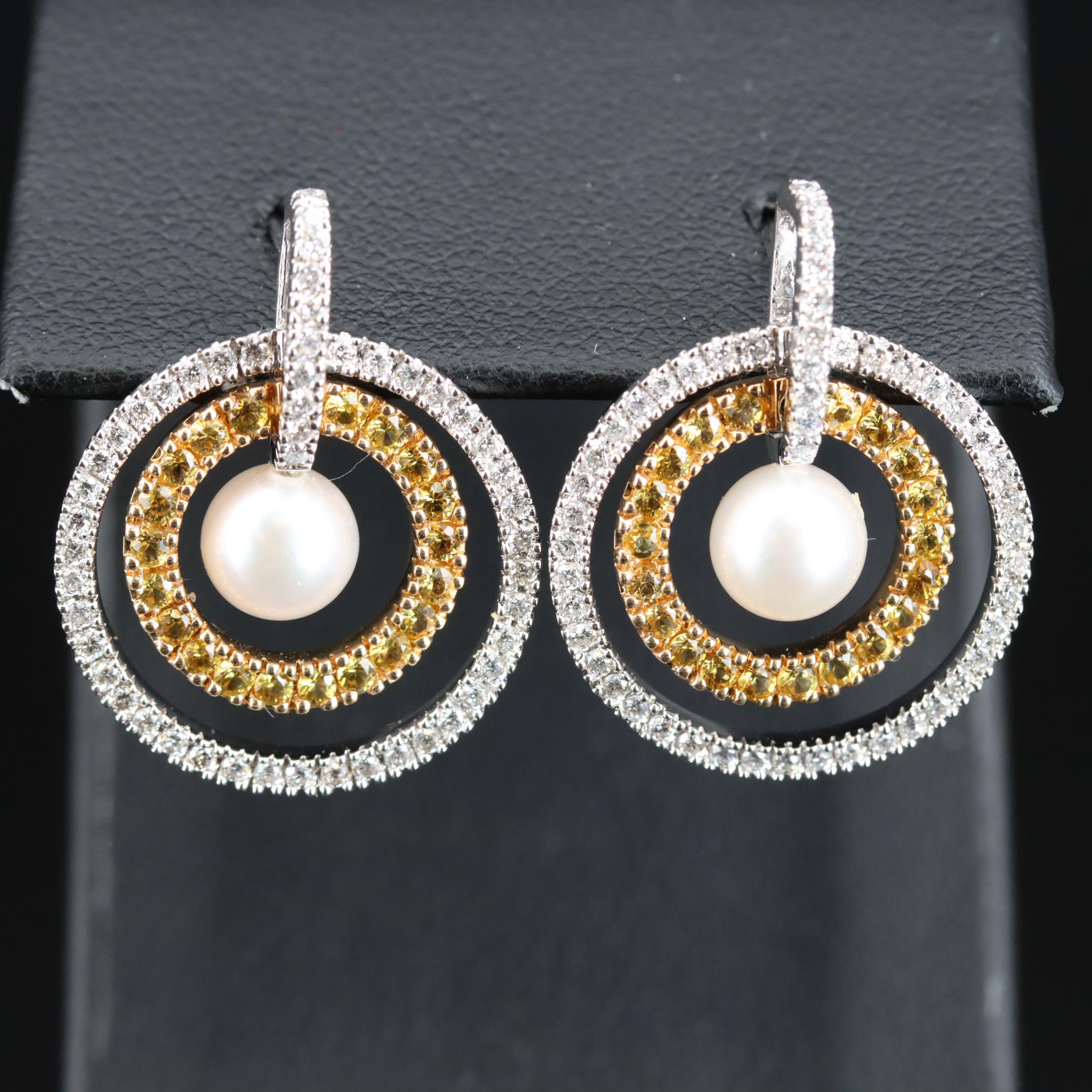 14K Two Tone Pearl, Sapphire and Diamond Earrings