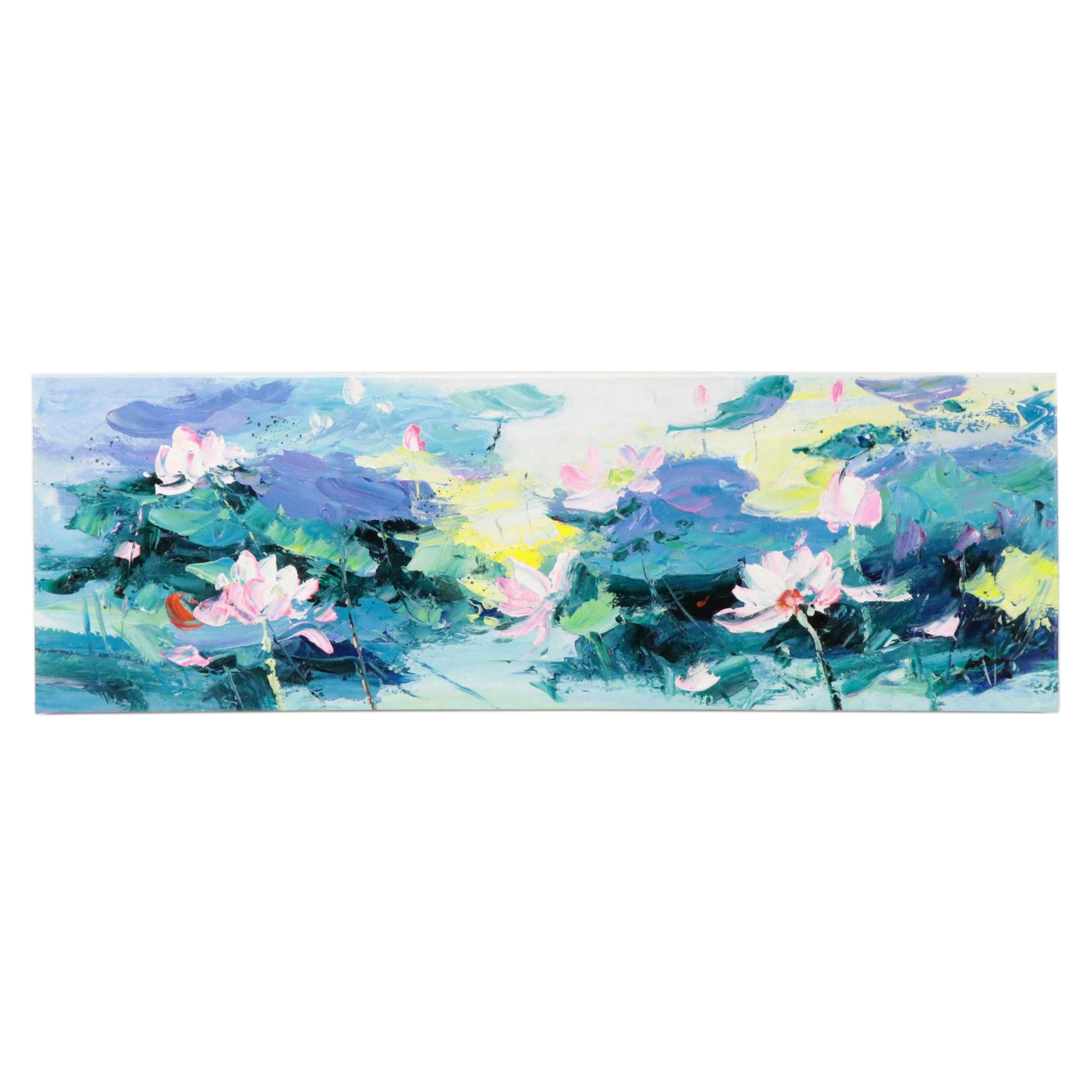 Ping Floral Acrylic Painting of Waterlilies, 21st Century