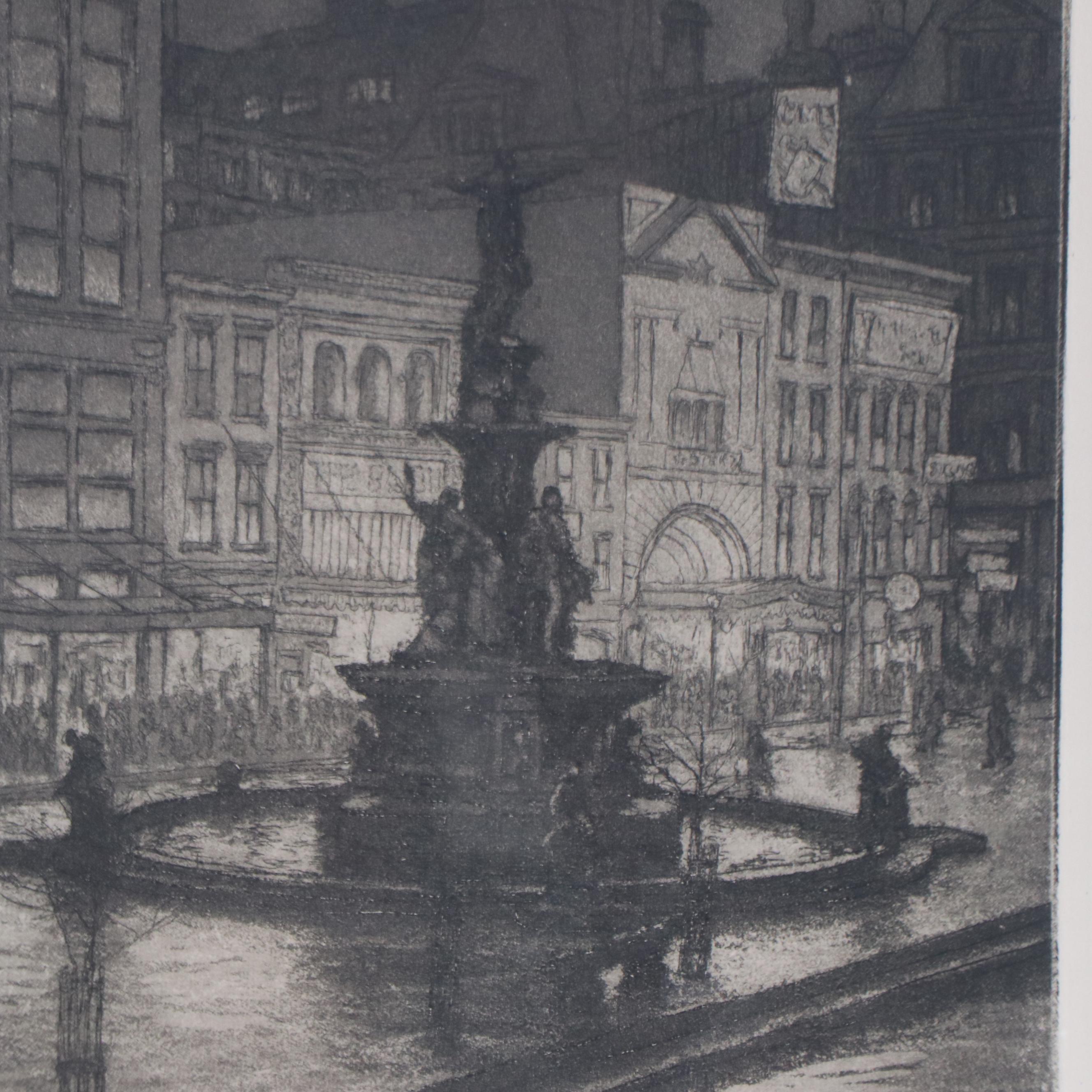 E.T. Hurley Etching with Aquatint "Fountain Square: Night (Cincinnati)," 1928