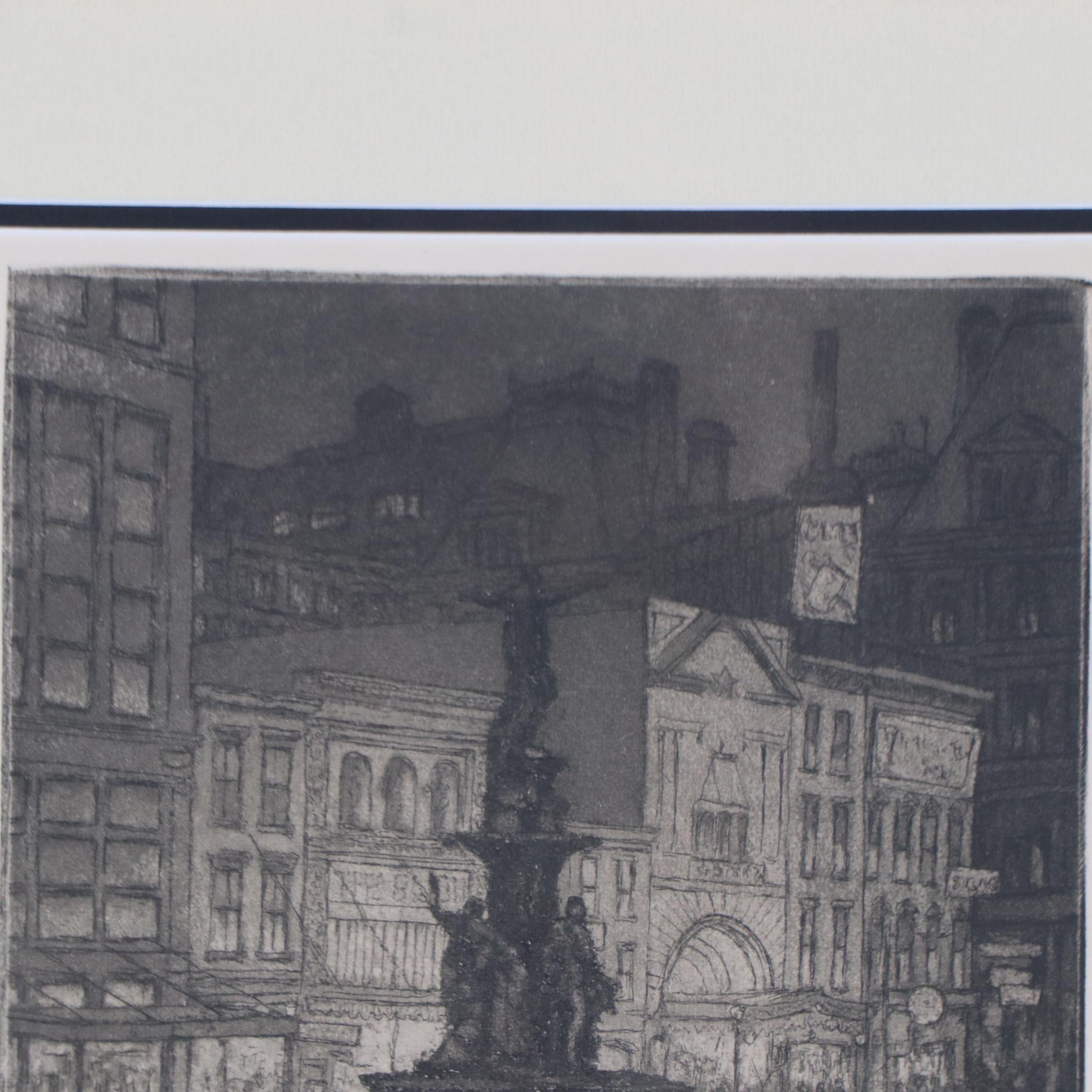E.T. Hurley Etching with Aquatint "Fountain Square: Night (Cincinnati)," 1928