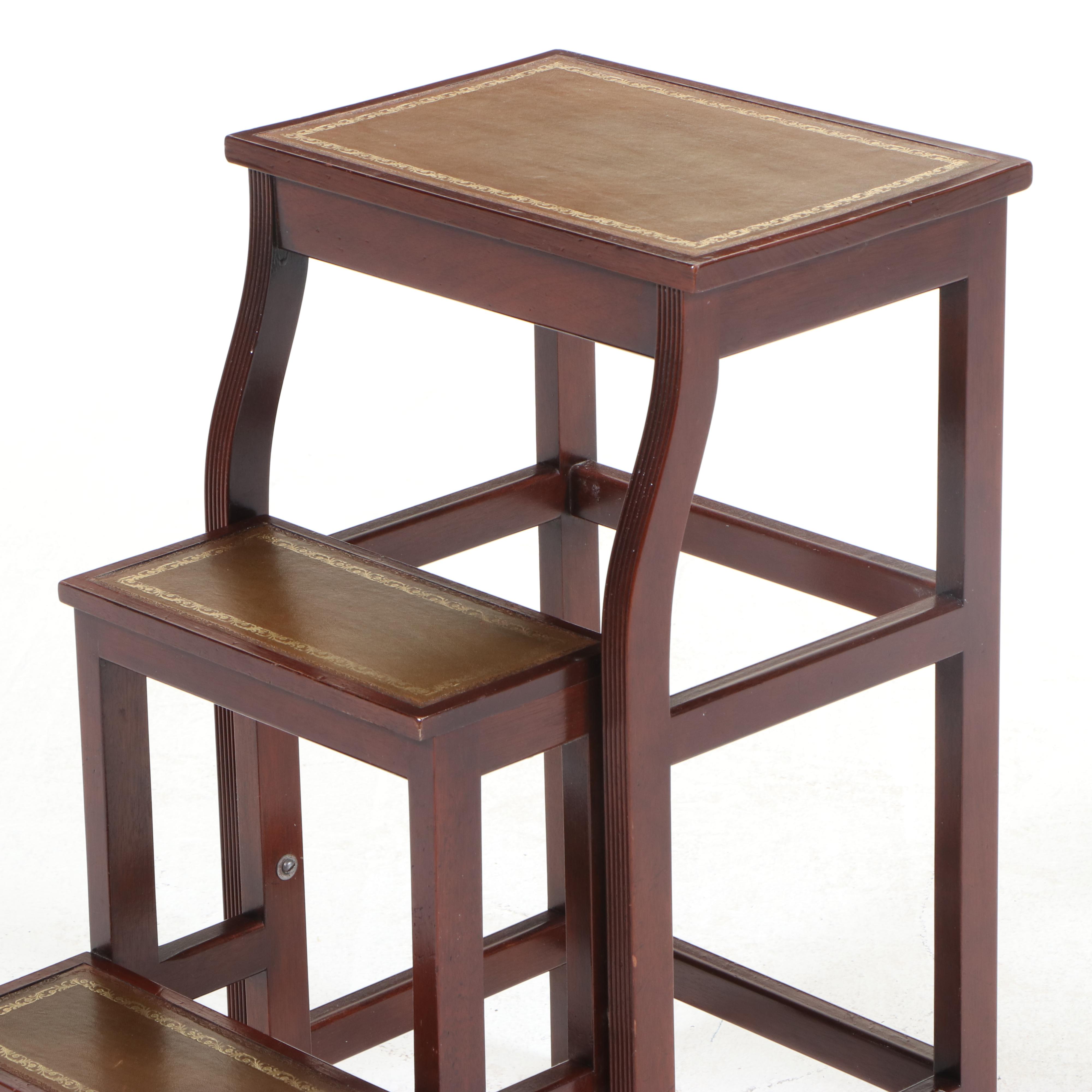 George III Style Mahogany and Gilt-Tooled Leather Folding Library Steps