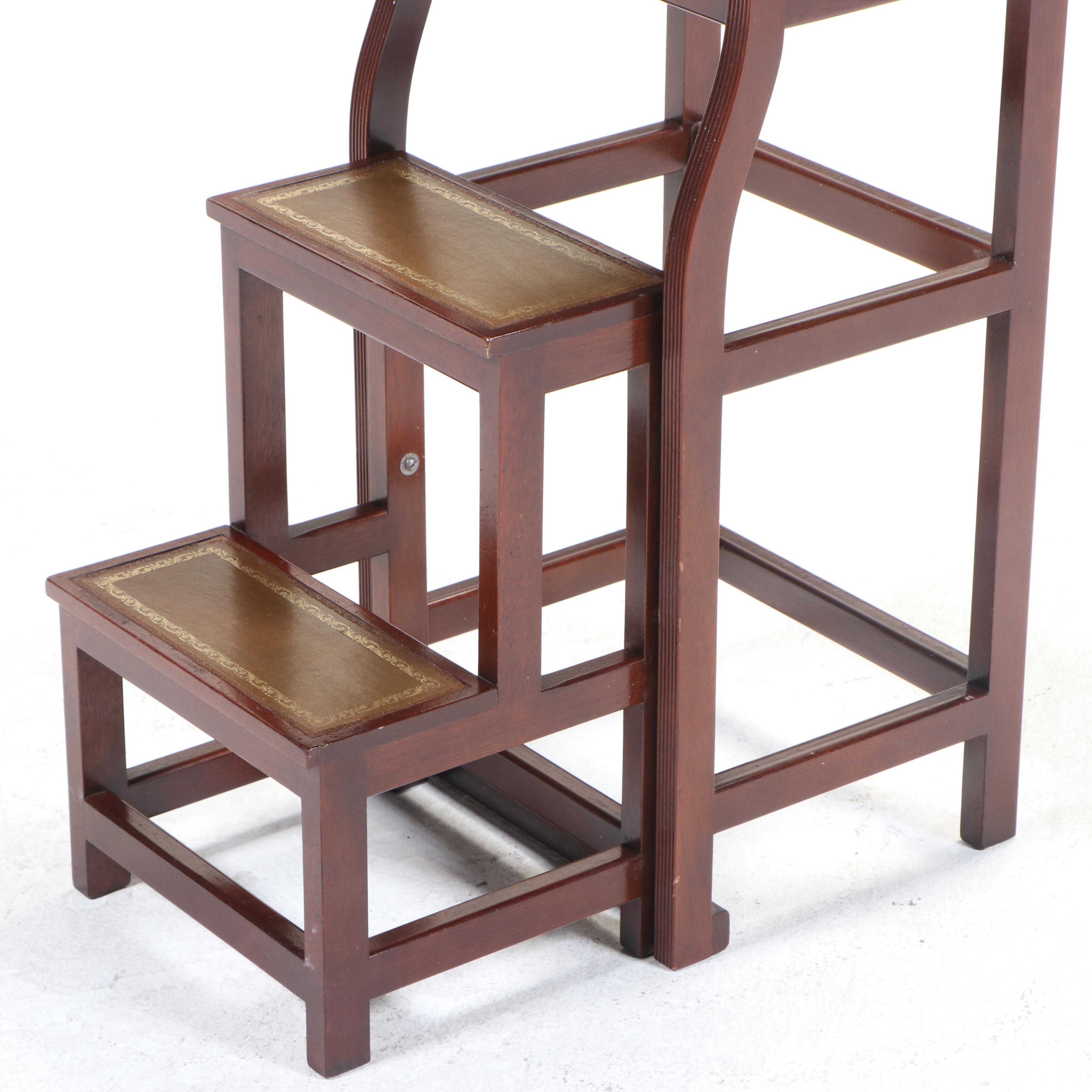 George III Style Mahogany and Gilt-Tooled Leather Folding Library Steps