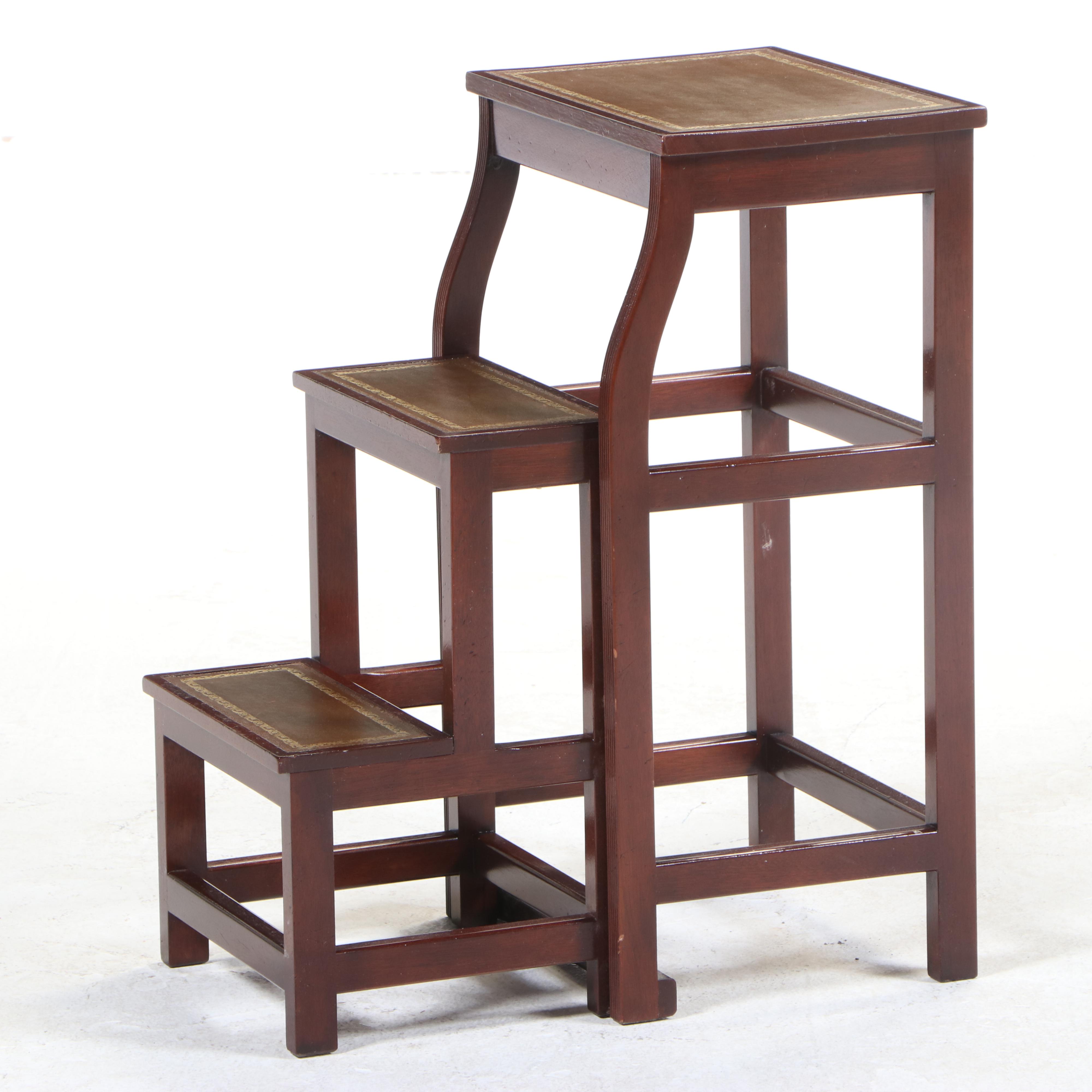 George III Style Mahogany and Gilt-Tooled Leather Folding Library Steps