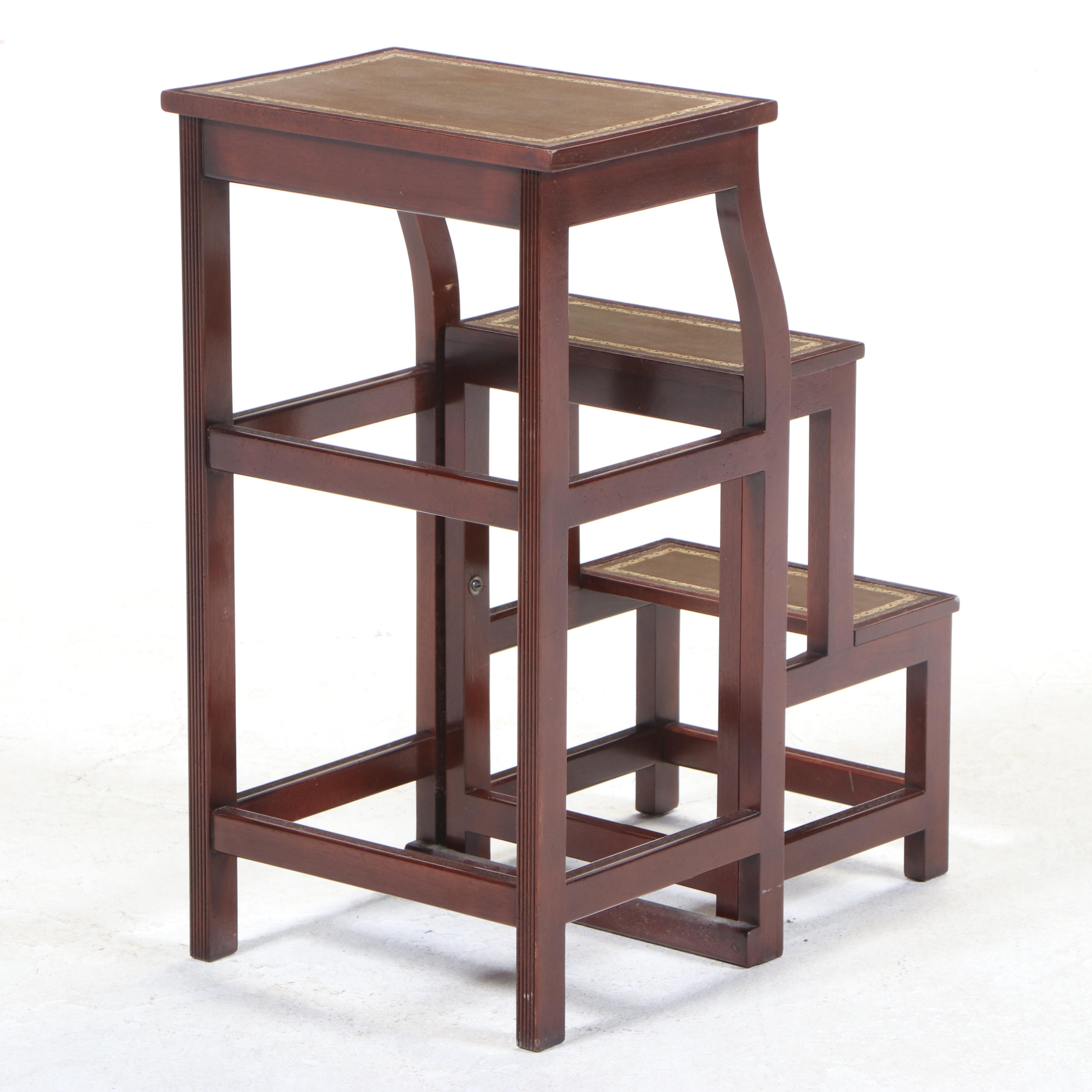 George III Style Mahogany and Gilt-Tooled Leather Folding Library Steps