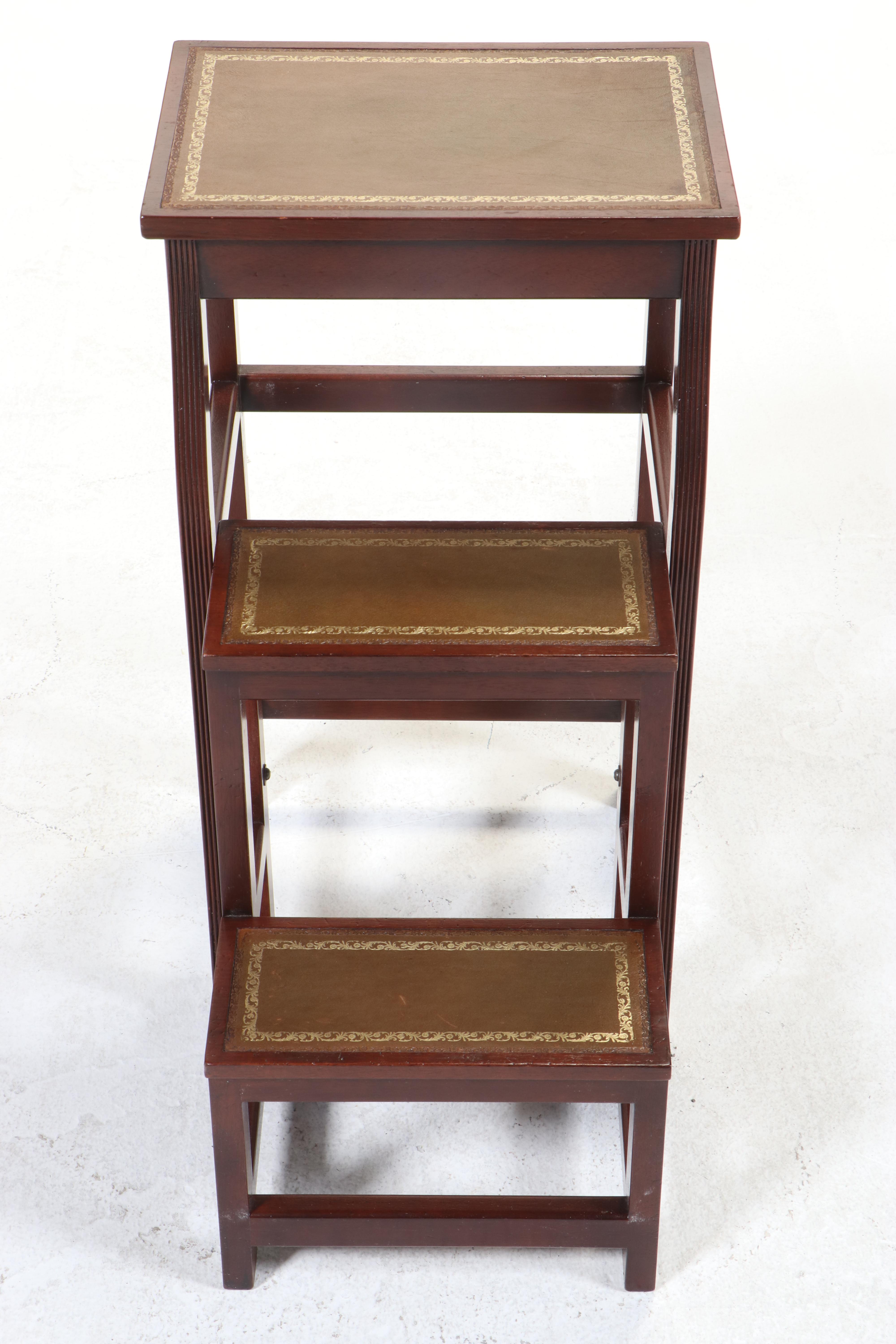 George III Style Mahogany and Gilt-Tooled Leather Folding Library Steps