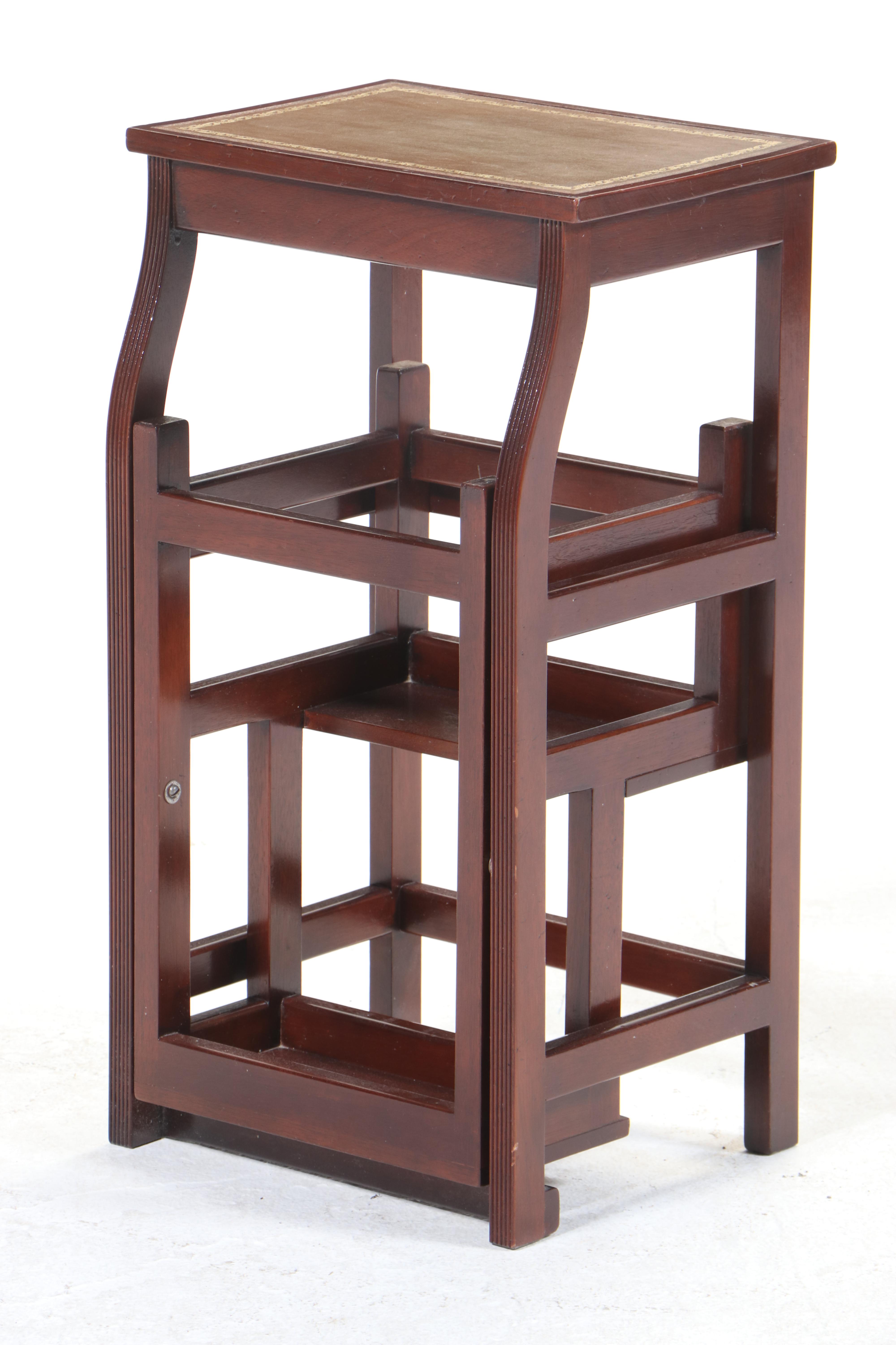 George III Style Mahogany and Gilt-Tooled Leather Folding Library Steps