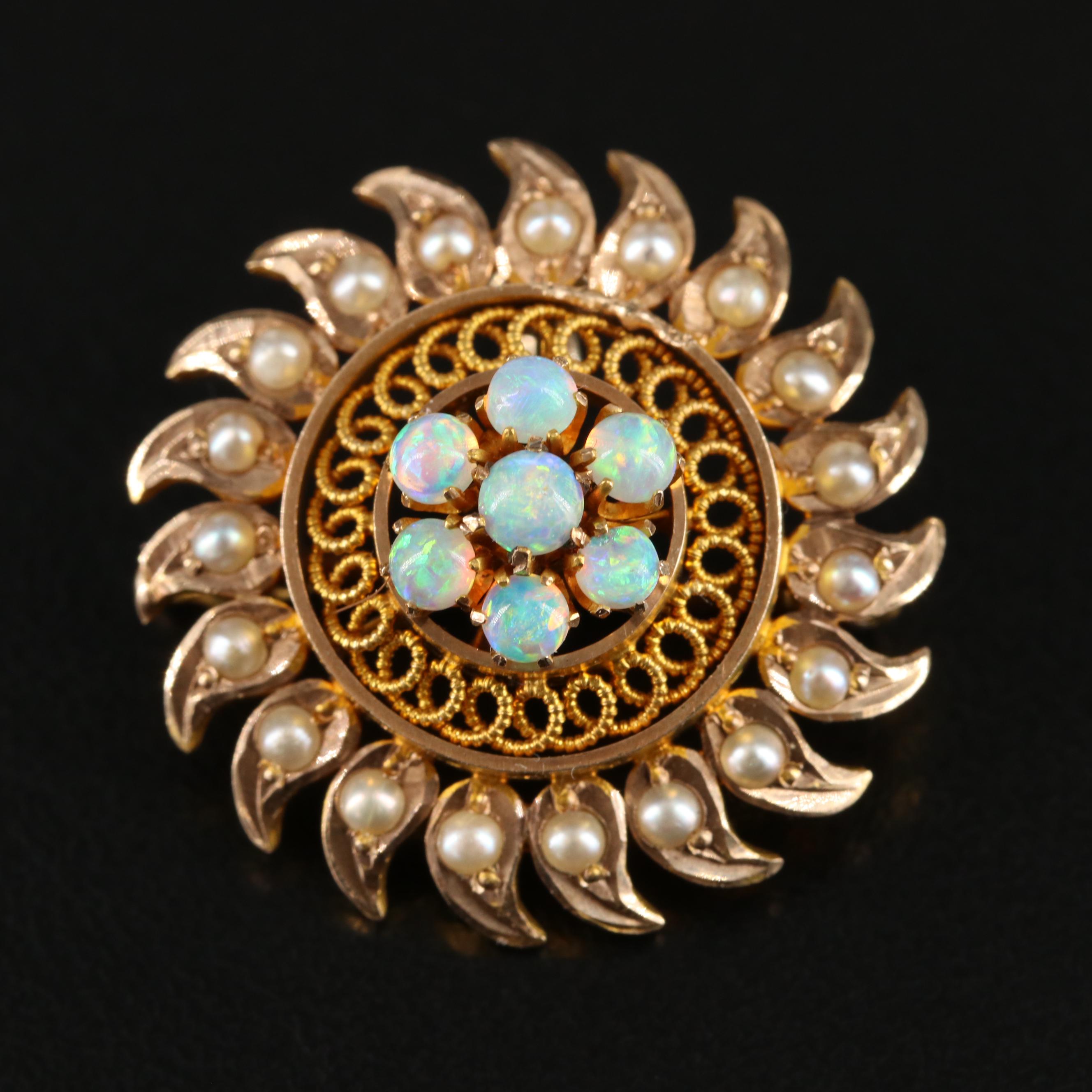 Antique 10K Opal and Pearl Pin