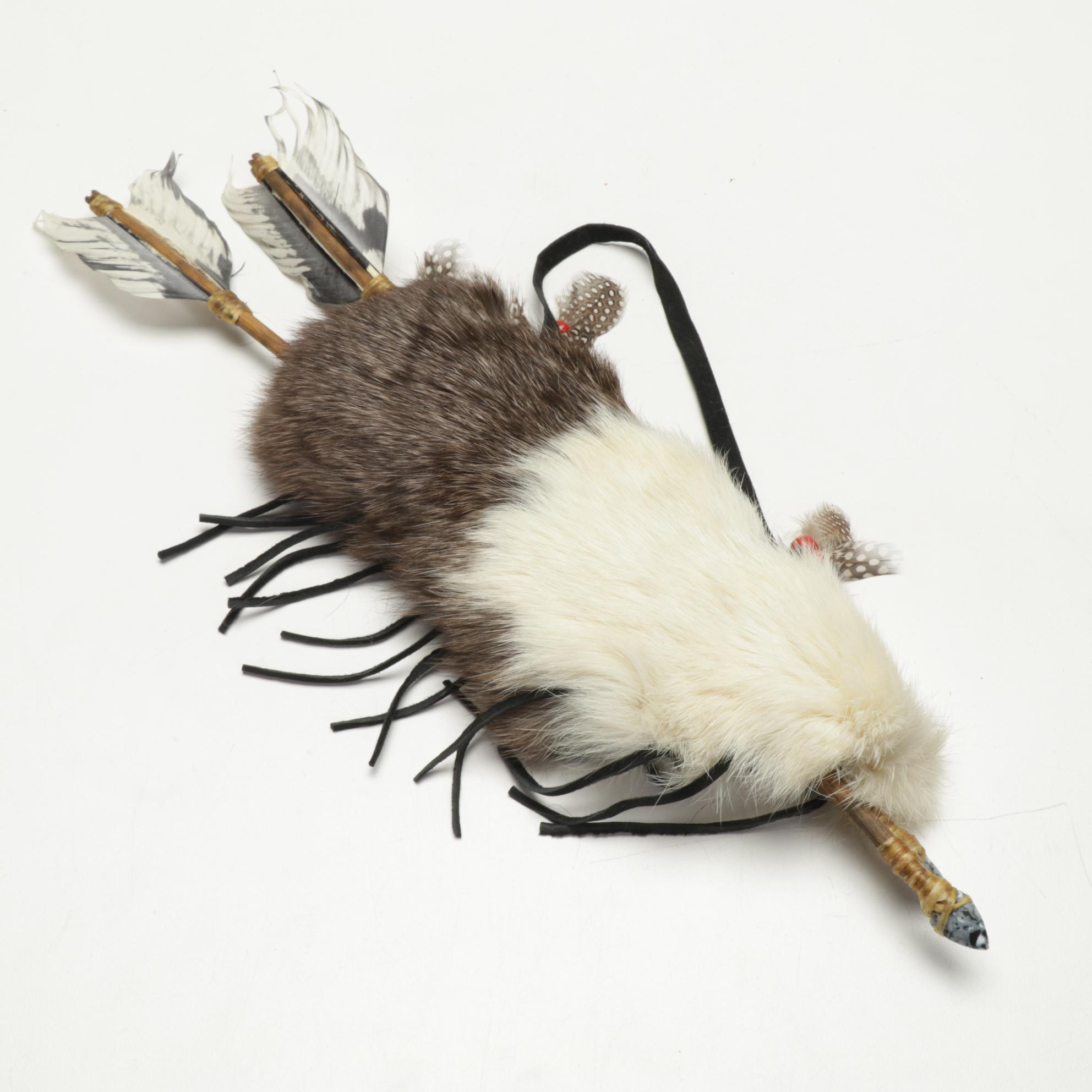 Dancing Feather Native American Knapped Stone Arrows with Rabbit Fur Quiver