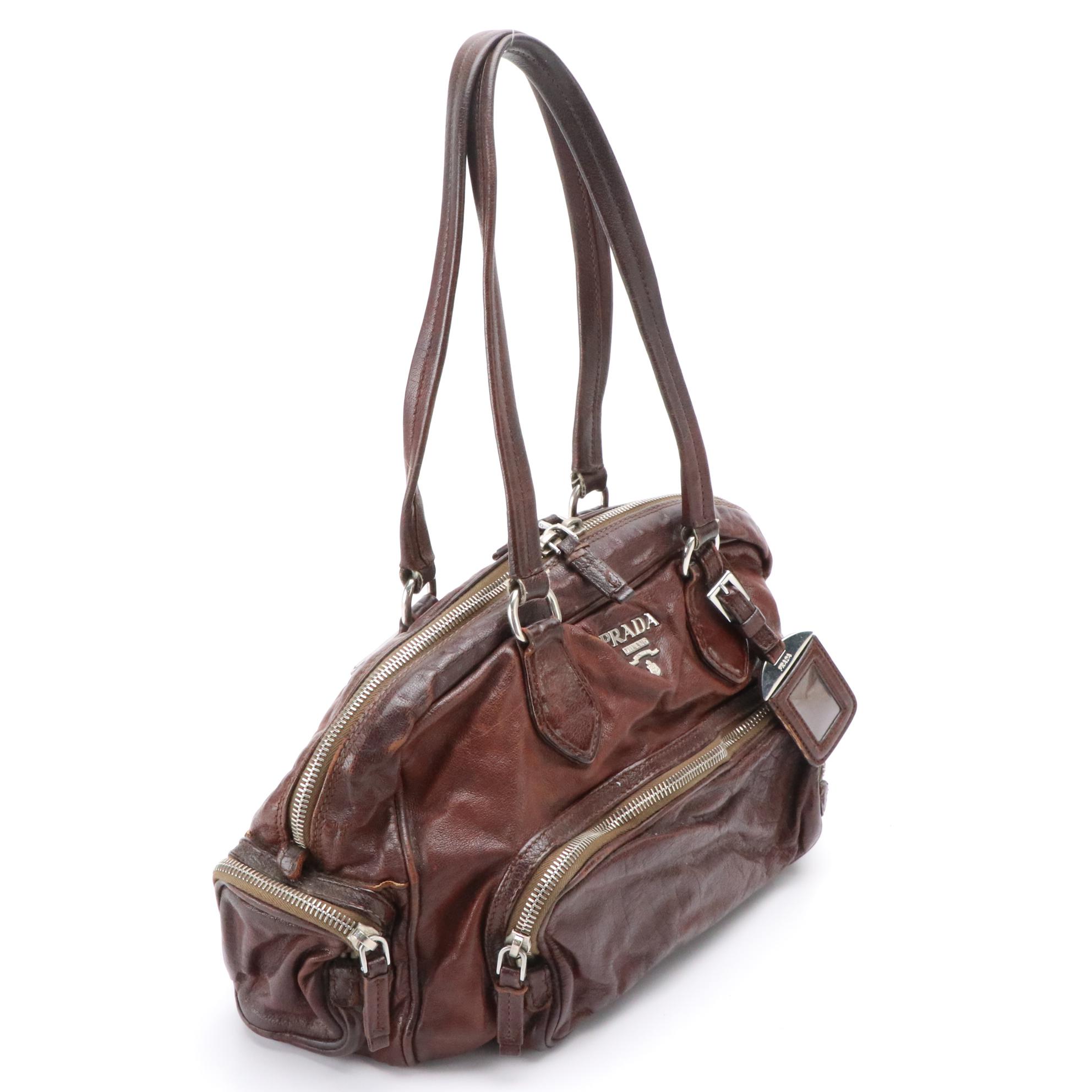 Prada Multi-Pocket Shoulder Bag in Coconut Brown Washed Leather