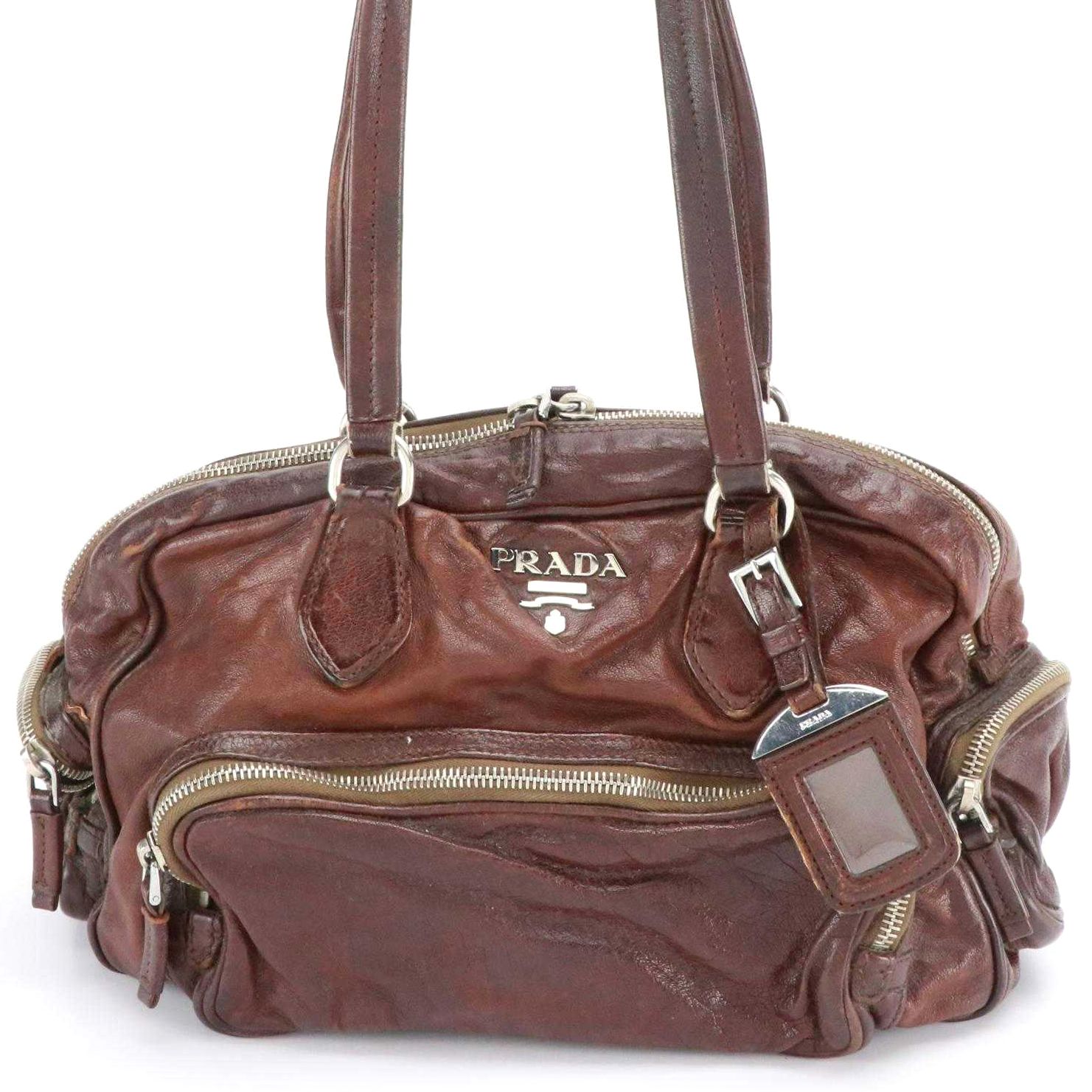 Prada Multi-Pocket Shoulder Bag in Coconut Brown Washed Leather