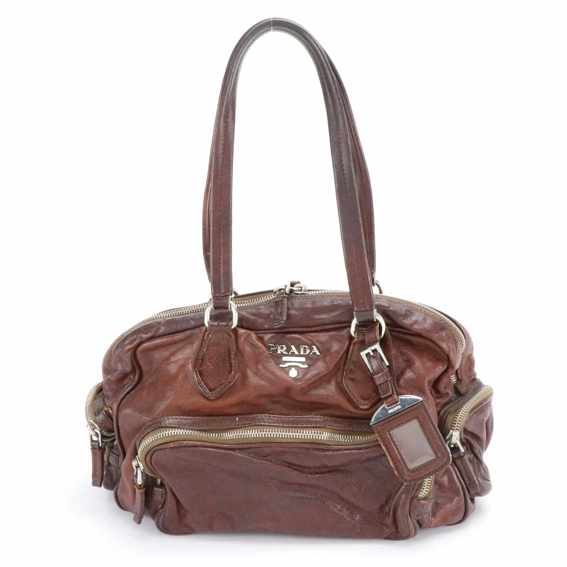 Prada Multi-Pocket Shoulder Bag in Coconut Brown Washed Leather