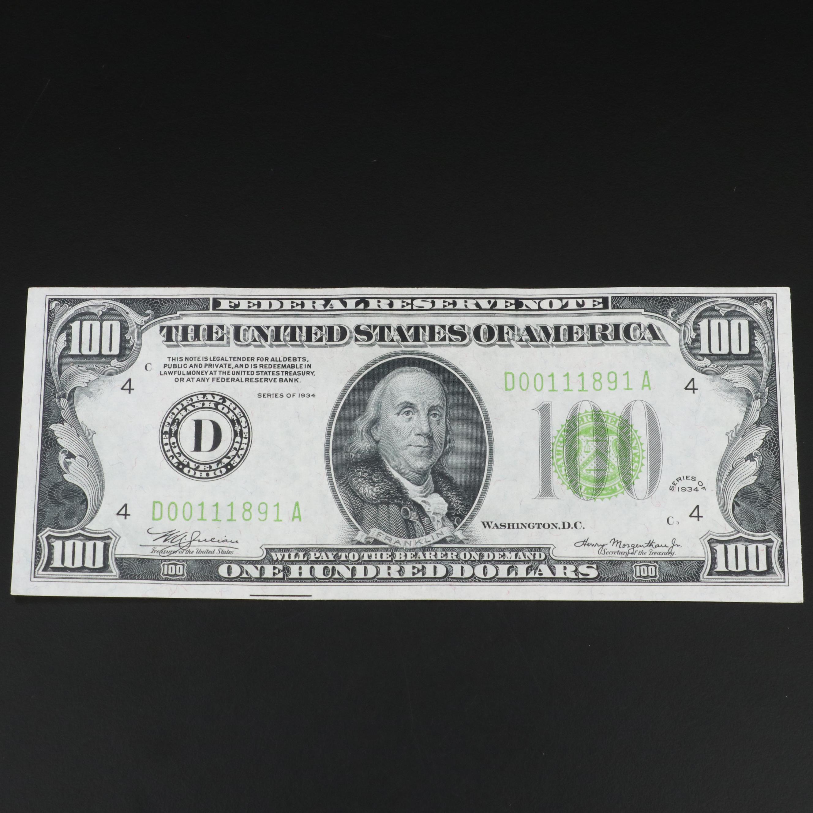 Uncirculated 1934  $100 Dollar Federal Reserve Note