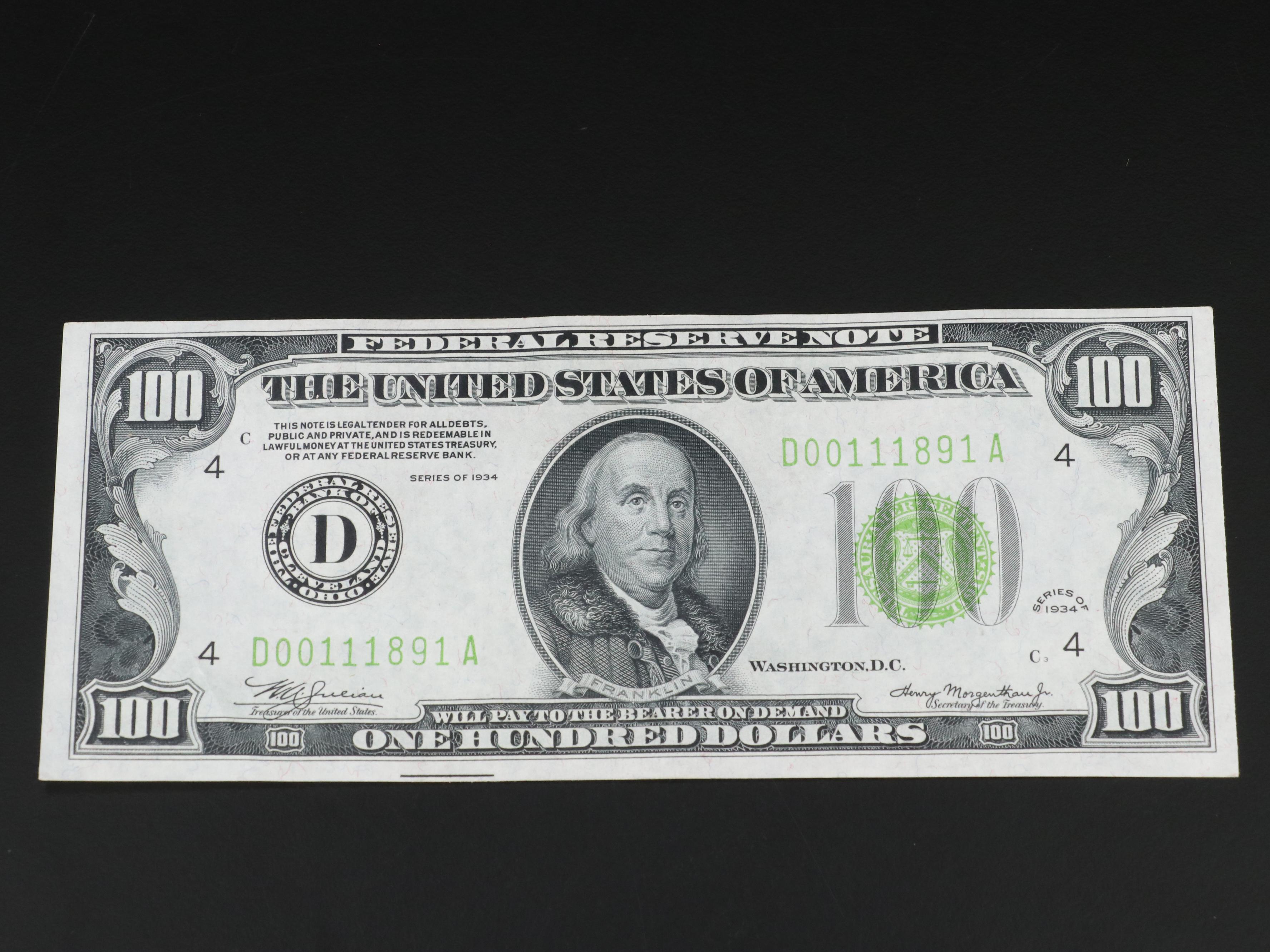Uncirculated 1934  $100 Dollar Federal Reserve Note
