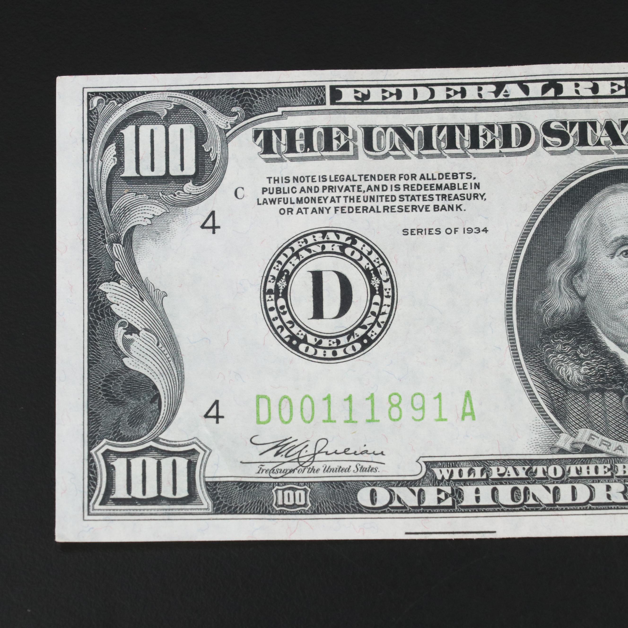 Uncirculated 1934  $100 Dollar Federal Reserve Note